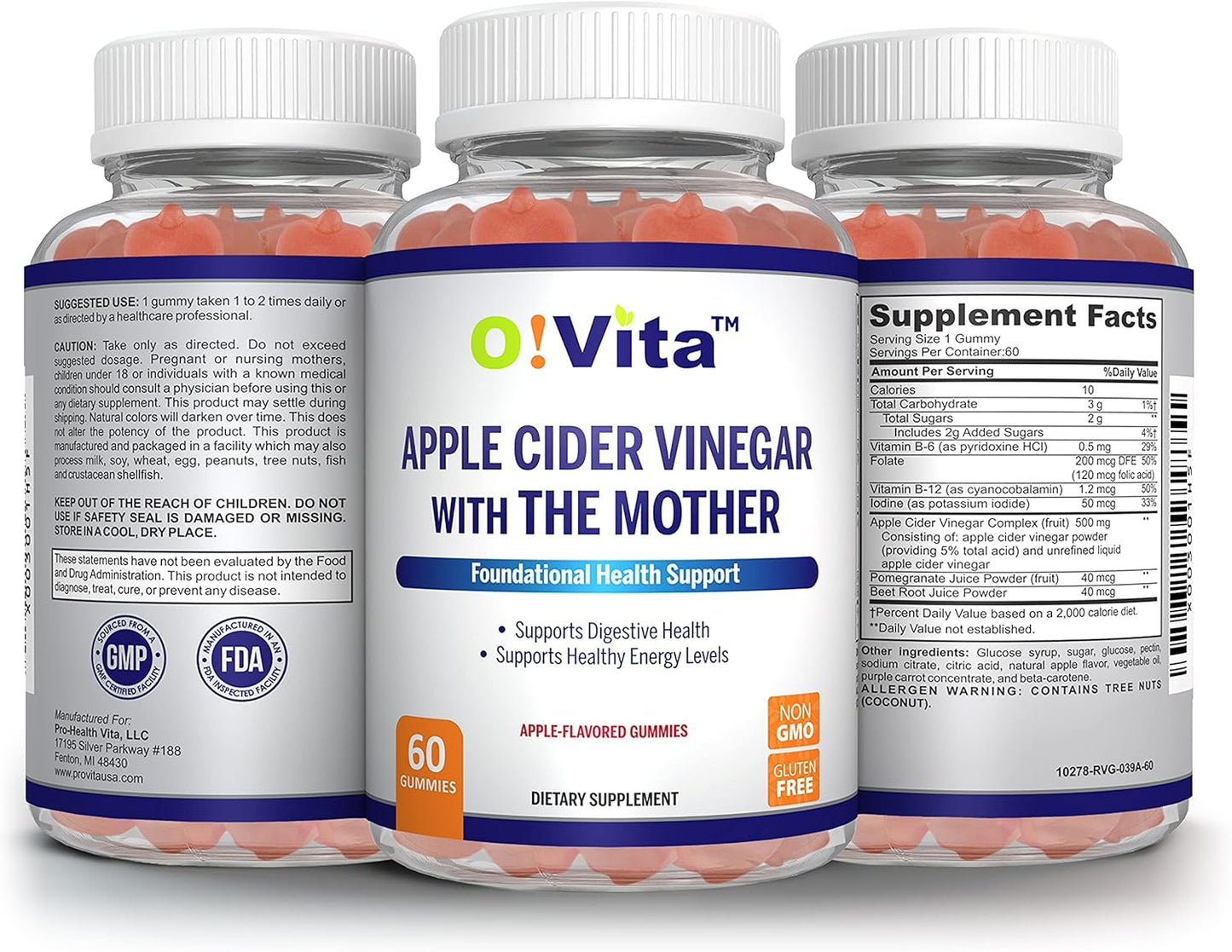 Gluten-Free Vegan Apple Cider Vinegar Gummies with The Mother, Pomagranate, Beet Root, Vitamin B12 - 60 Non-GMO Apple Flavored Gummies for Energy, 2-Month Supply