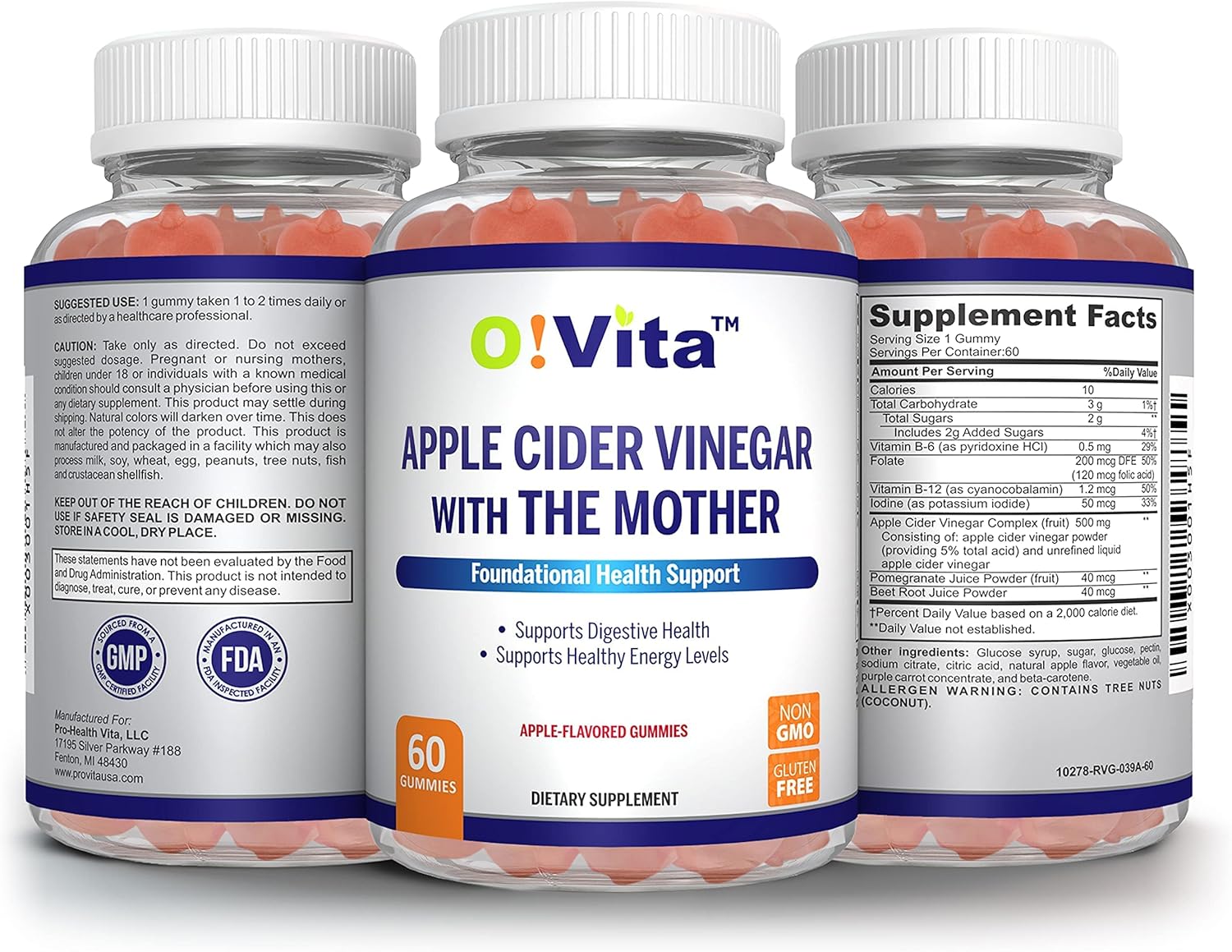 Gluten-Free Vegan Apple Cider Vinegar Gummies with The Mother, Pomagranate, Beet Root, Vitamin B12 - 60 Non-GMO Apple Flavored Gummies for Energy, 2-Month Supply