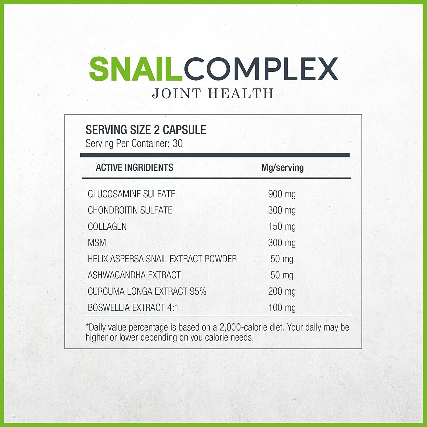 Gluten-Free Vegan Joint Supplement with Snail Complex, Glucosamine, Collagen - 180 Capsules
