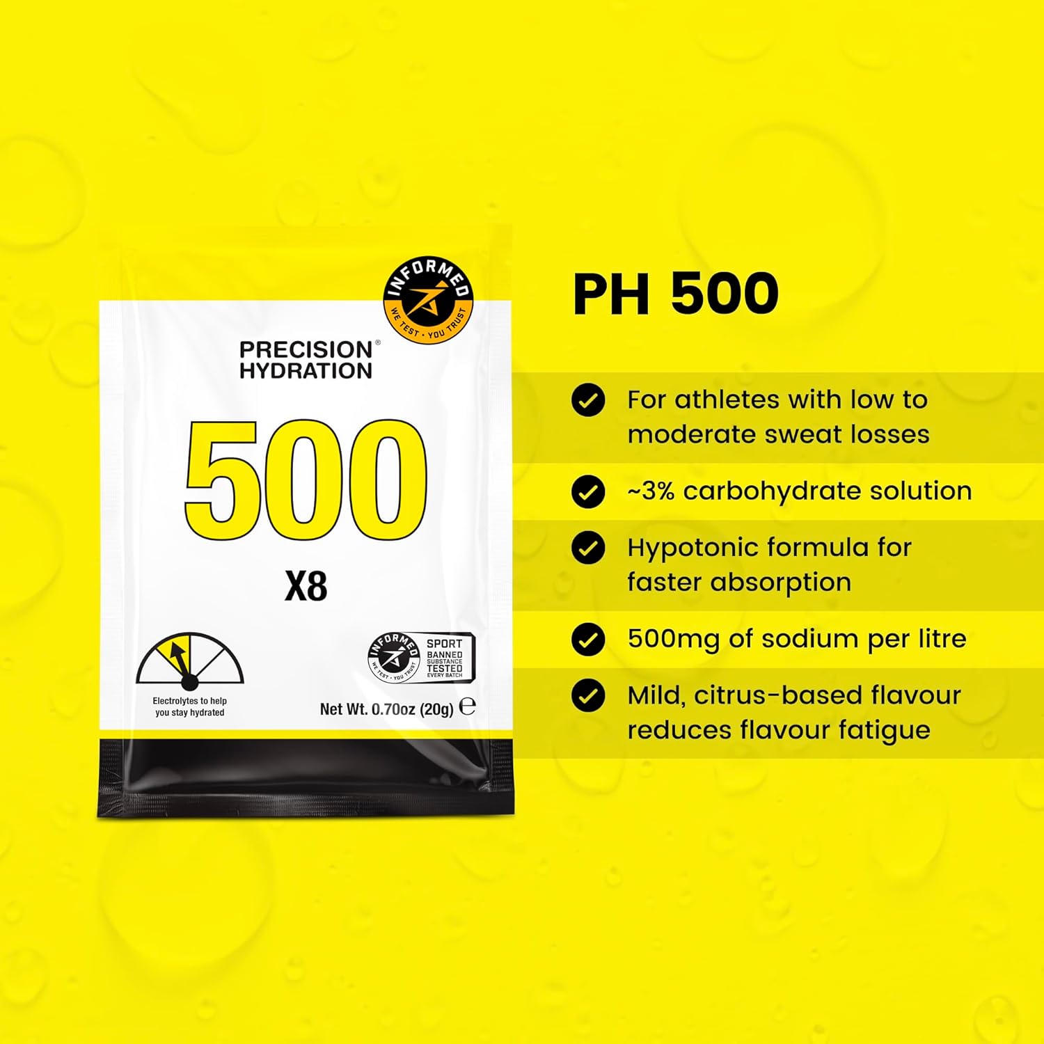 Gluten/Dairy Free Electrolyte Drink Mix - Precision Hydration Multi Strength Powders - Waterproof Individual Servings - No Artificial Ingredients (Yellow Packet, Pack of 40)