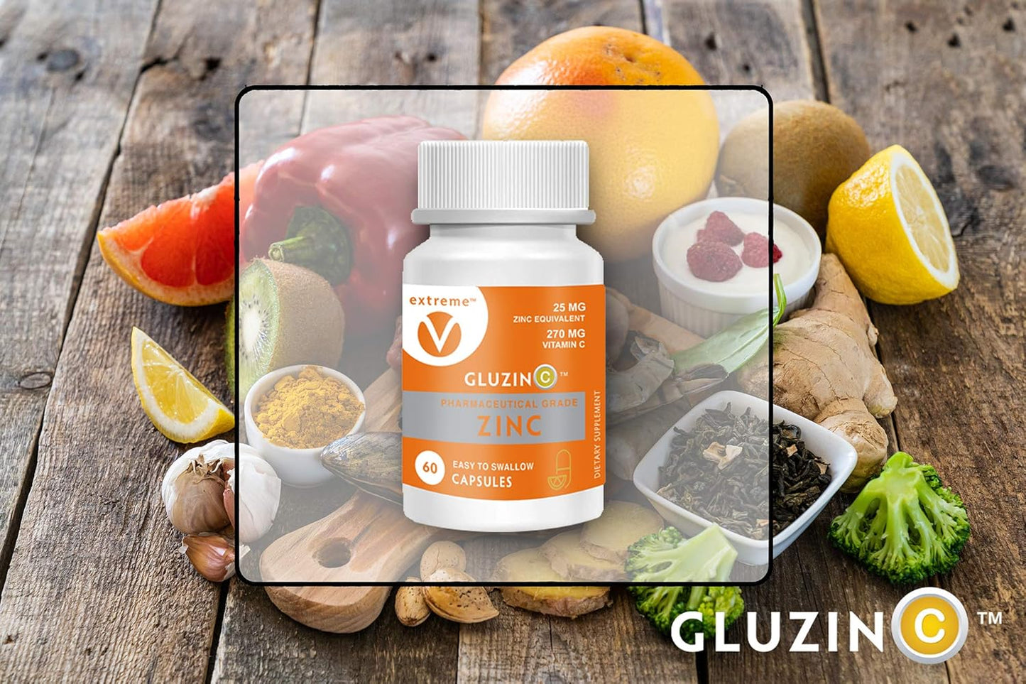 GluzinC Immune Power Combo: 25MG Zinc + 270MG Vitamin C - 60 Vegetarian Capsules