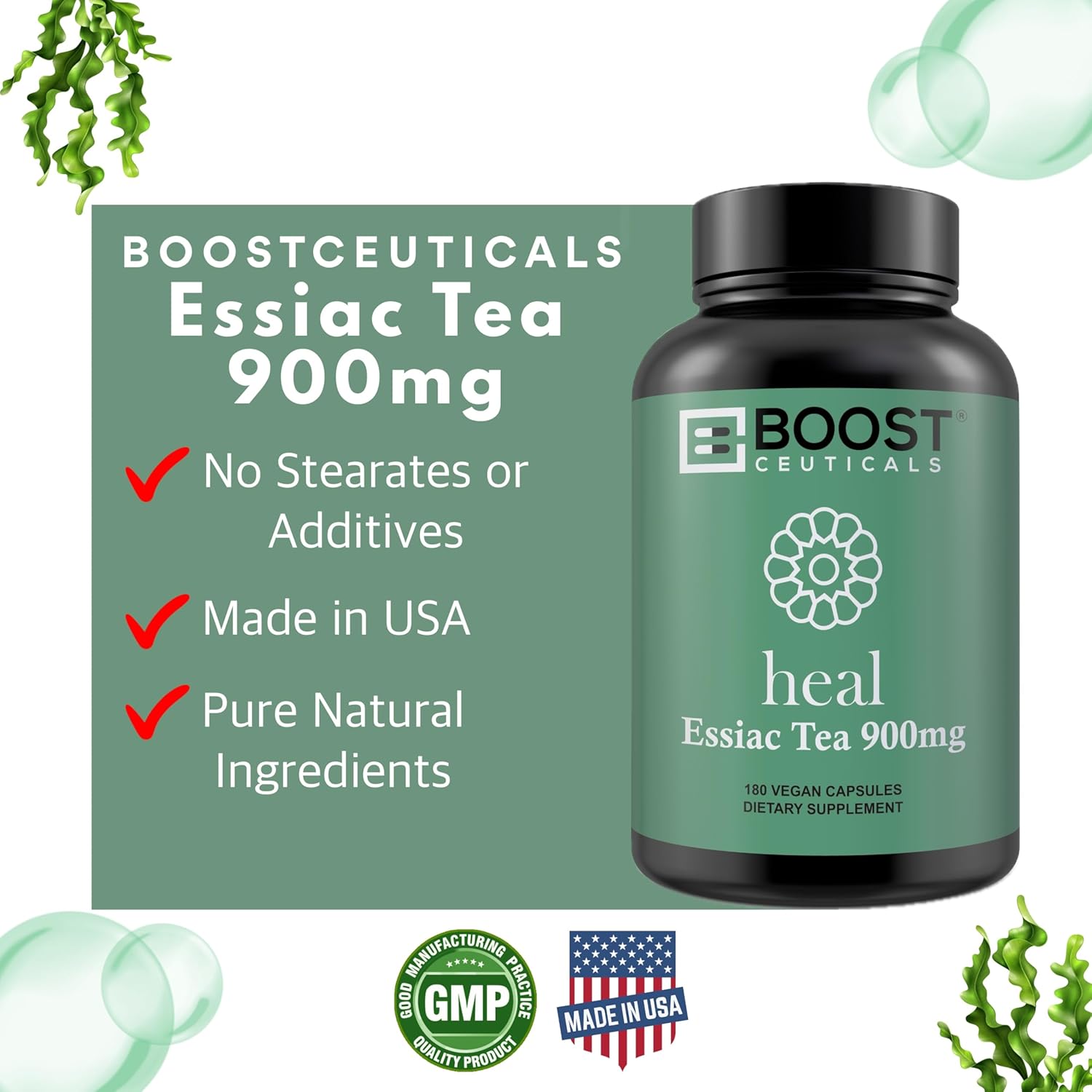 GMO-Free Vegan Essiac Tea Capsules - 180 Count, 900mg Per Serving for Immune Support by BoostCeuticals
