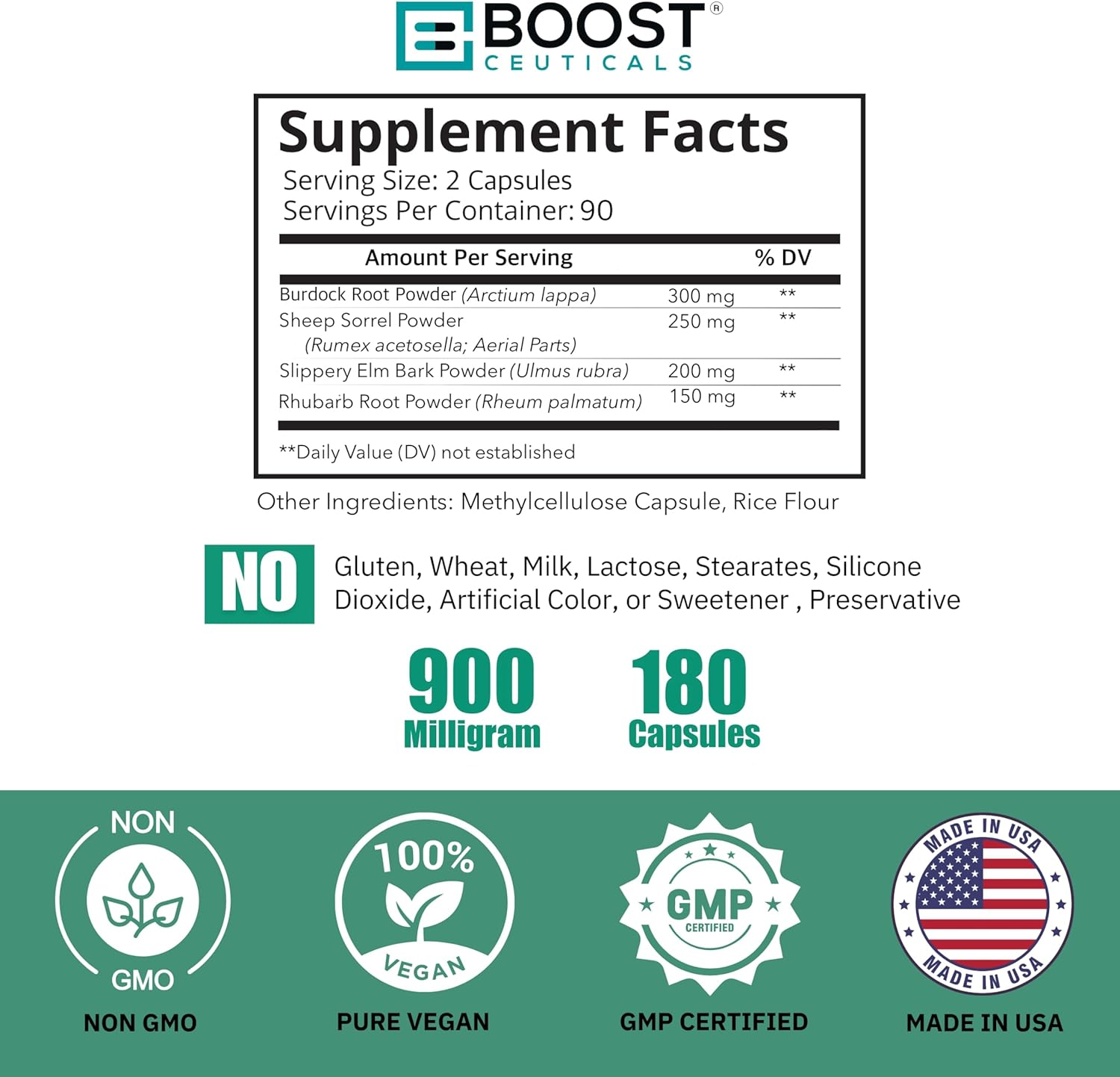 GMO-Free Vegan Essiac Tea Capsules - 180 Count, 900mg Per Serving for Immune Support by BoostCeuticals