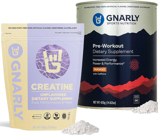 Gnarly Nutrition Creatine Powder Bundle: Unflavored (16.05oz) & Mango Preworkout (14.82oz)