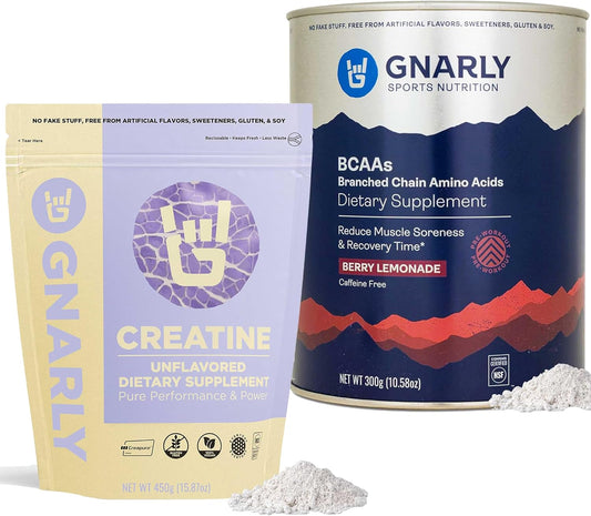 Gnarly Nutrition Creatine Powder, Unflavored 16.05oz with Berry Lemonade BCAAs - Caffeine Free 10.58oz