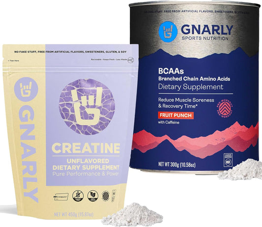 Gnarly Nutrition Unflavored Creatine Powder (16.05oz) and Fruit Punch BCAAs (10.58oz) Combo Pack