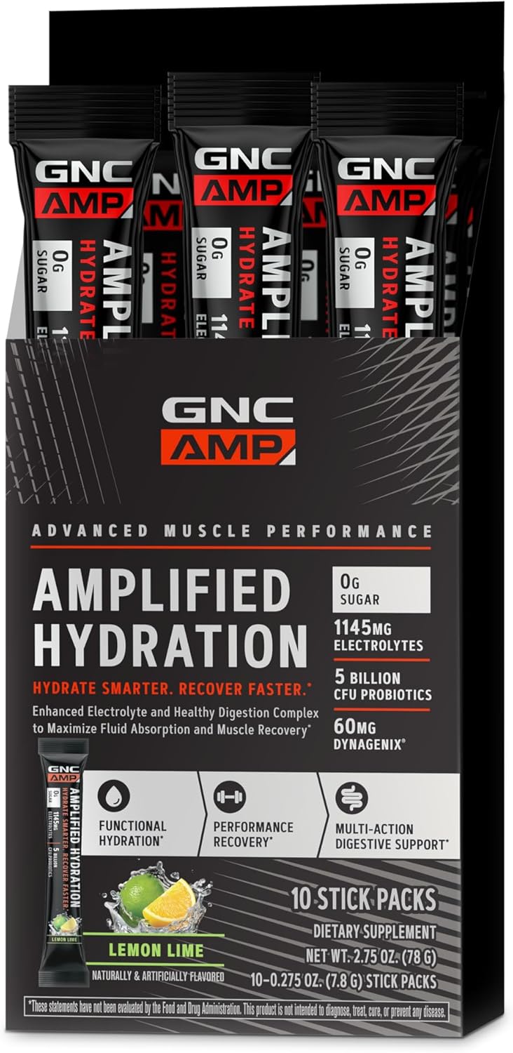 GNC AMP Amplified Hydration Electrolyte Powder Drink Mix - Lemon Lime Flavor - 10 Count Pack for Enhanced Hydration and Digestion