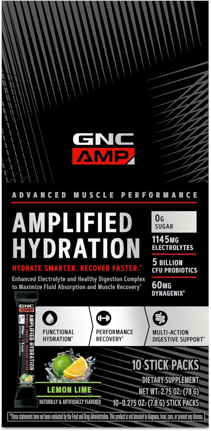 GNC AMP Amplified Hydration Electrolyte Powder Drink Mix - Lemon Lime Flavor - 10 Count Pack for Enhanced Hydration and Digestion