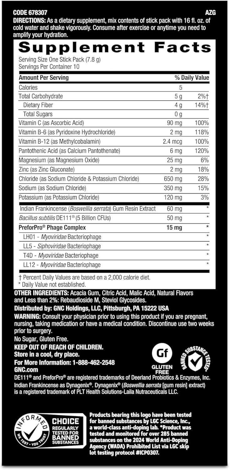GNC AMP Amplified Hydration Electrolyte Powder Drink Mix - Lemon Lime Flavor - 10 Count Pack for Enhanced Hydration and Digestion