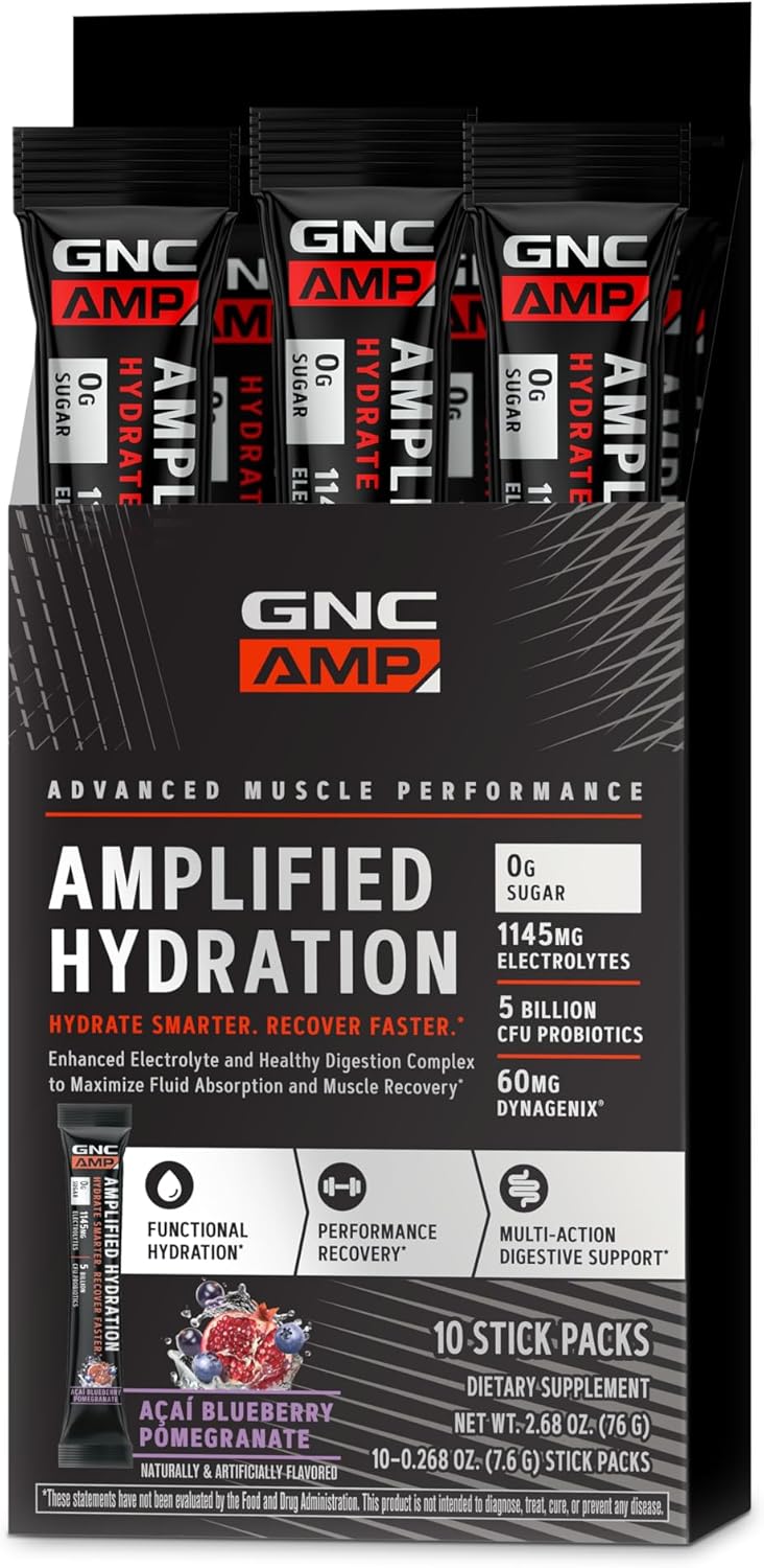 GNC AMP Electrolyte Powder Drink Mix with Enhanced Hydration and Digestion Complex - Acai Blueberry Pomegranate Flavor (10 Count)