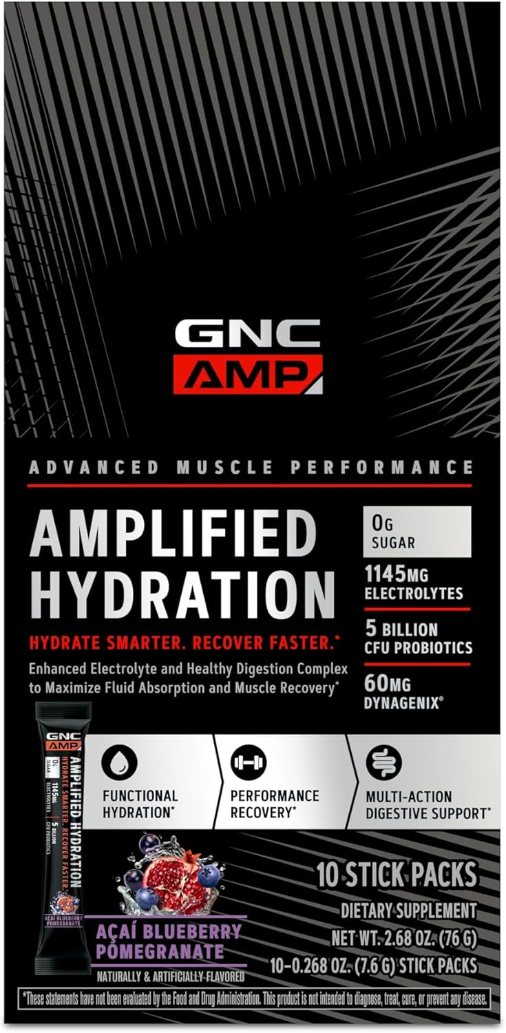 GNC AMP Electrolyte Powder Drink Mix with Enhanced Hydration and Digestion Complex - Acai Blueberry Pomegranate Flavor (10 Count)