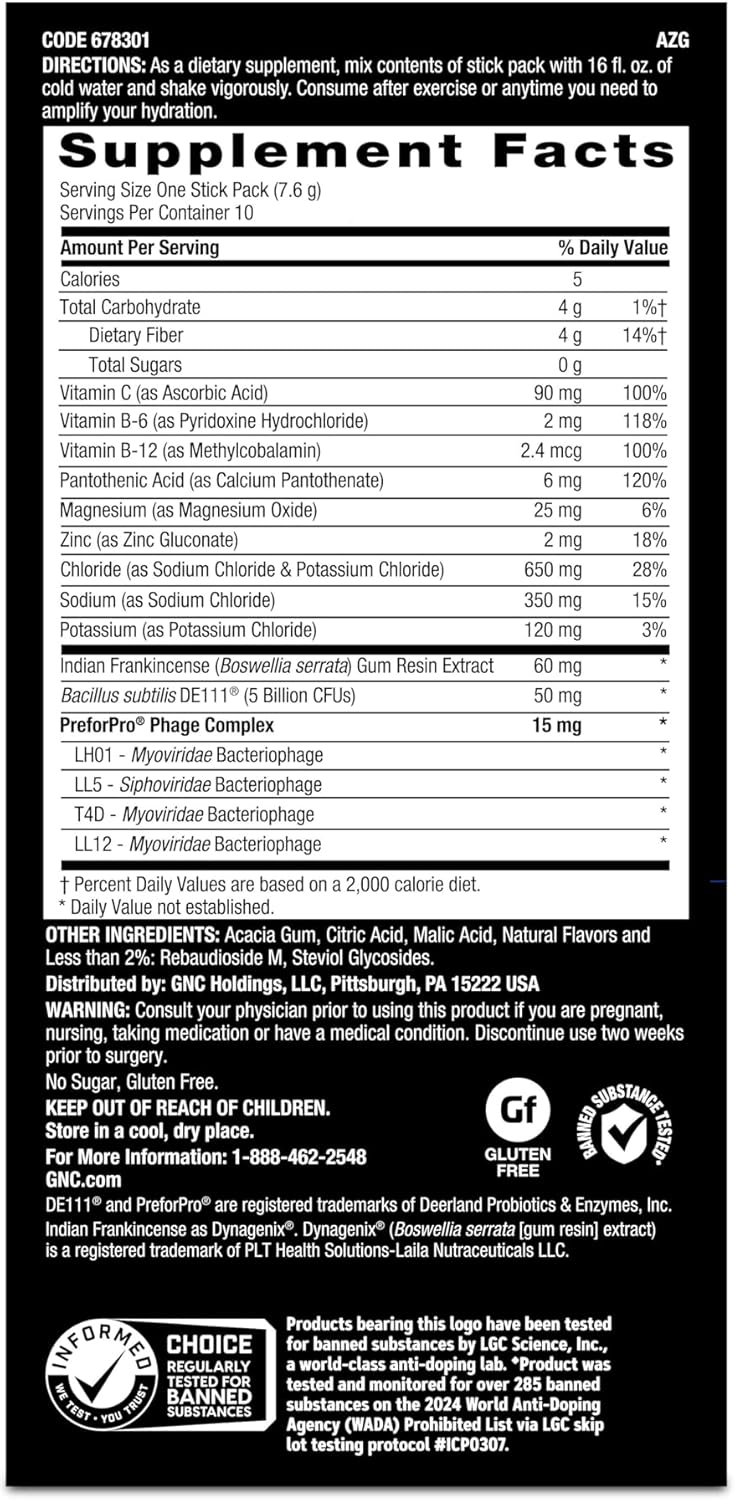 GNC AMP Electrolyte Powder Drink Mix with Enhanced Hydration and Digestion Complex - Acai Blueberry Pomegranate Flavor (10 Count)