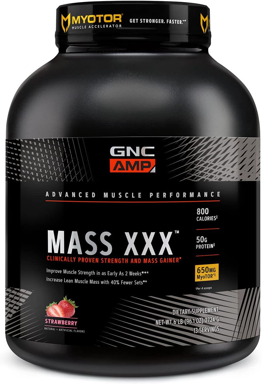 GNC AMP Mass XXX Mass Gainer Protein Powder - Strawberry Flavor | 50g Protein | Muscle Building Formula with MyoTor, BCAA, and Creatine | 13 Servings