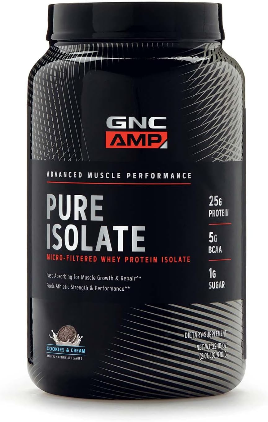 GNC AMP Pure Isolate Whey Protein Powder - Cookies & Cream Flavor | Enhances Athletic Strength, Performance, and Muscle Growth | Fast-Absorbing Formula with 25g Protein and 5g BCAA | 28 Servings