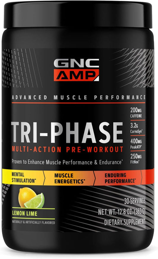 GNC AMP Tri-Phase Pre-Workout Boosts Muscle Performance & Endurance - Lemon Lime Flavor - 30 Servings