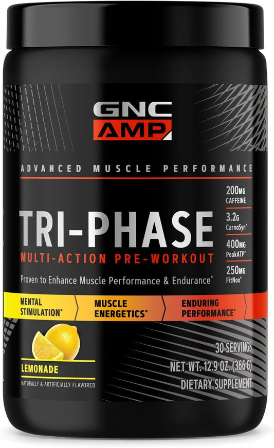 GNC AMP Tri-Phase Pre-Workout Lemonade - Enhances Muscle Performance & Endurance - 30 Servings