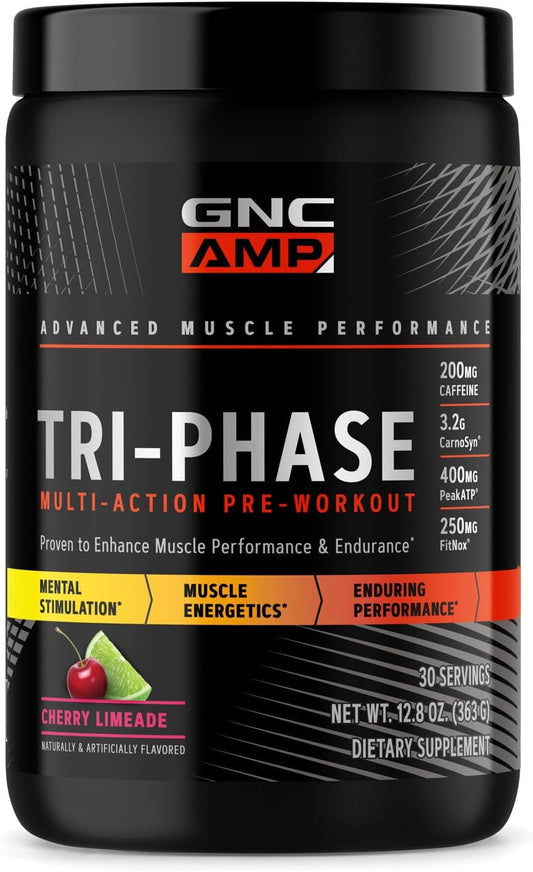 GNC AMP Tri-Phase Pre-Workout: Muscle Performance & Endurance Support, Cherry Limeade, 30 Servings