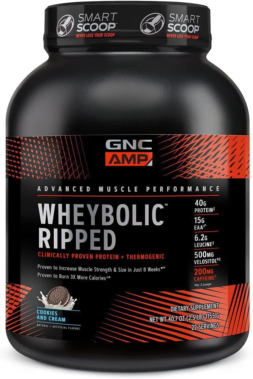 GNC AMP Wheybolic Ripped Protein Powder Isolate - Cookies & Cream Flavor - Gluten Free - 22 Servings - Muscle Building and Workout Support Formula with BCAA