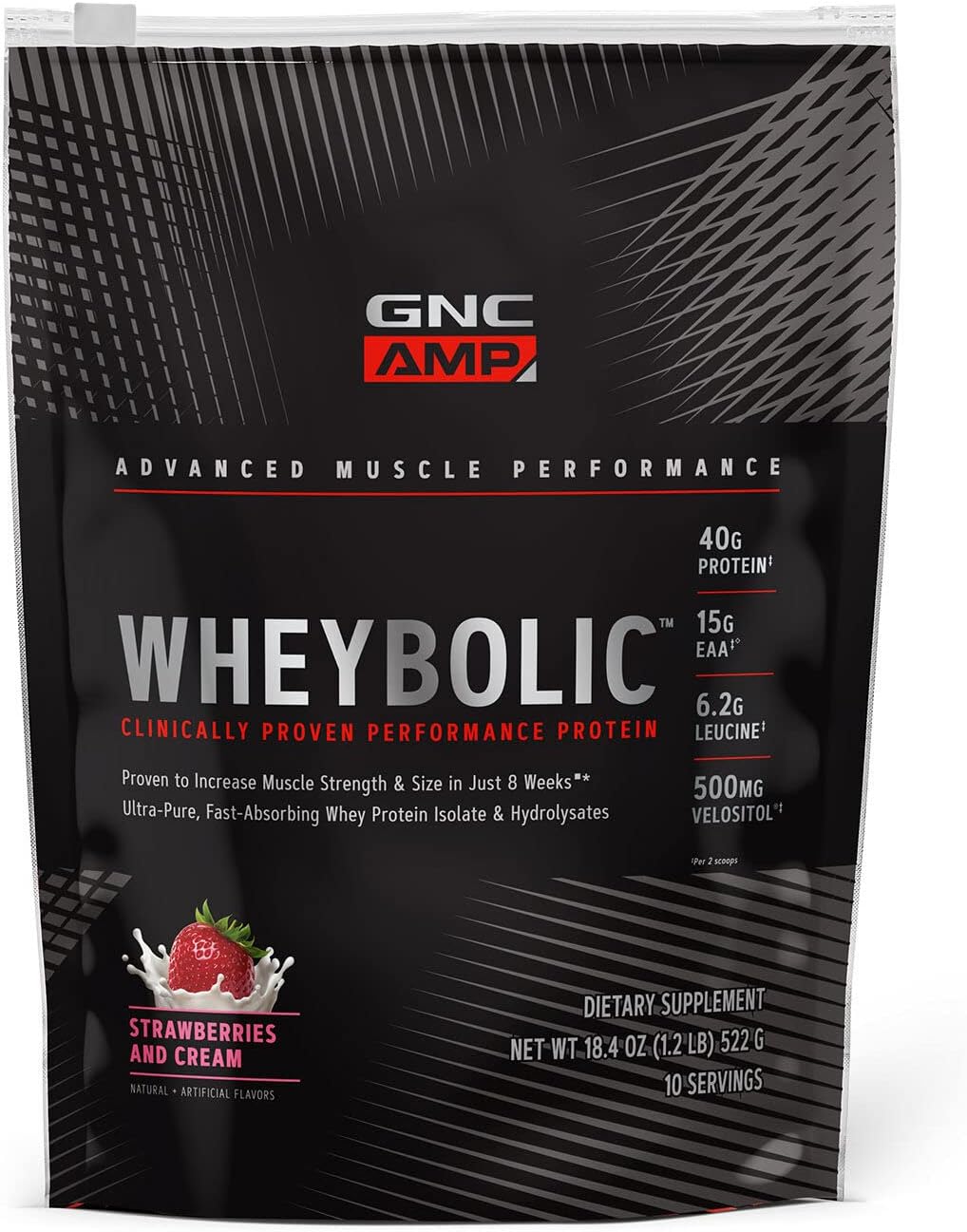 GNC AMP Wheybolic Whey Protein Isolate Powder with BCAA for Muscle Building - Gluten Free, Strawberries and Cream Flavor - 10 Servings