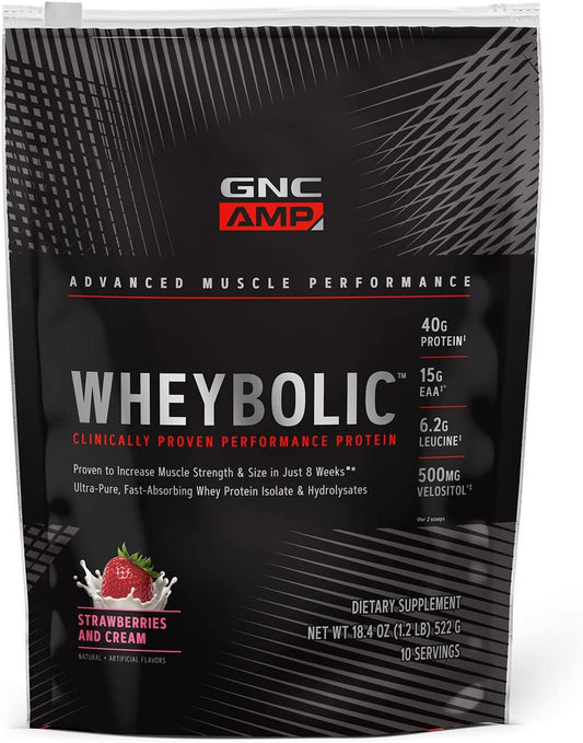 GNC AMP Wheybolic Whey Protein Isolate Powder with BCAA for Muscle Building - Gluten Free, Strawberries and Cream Flavor - 10 Servings