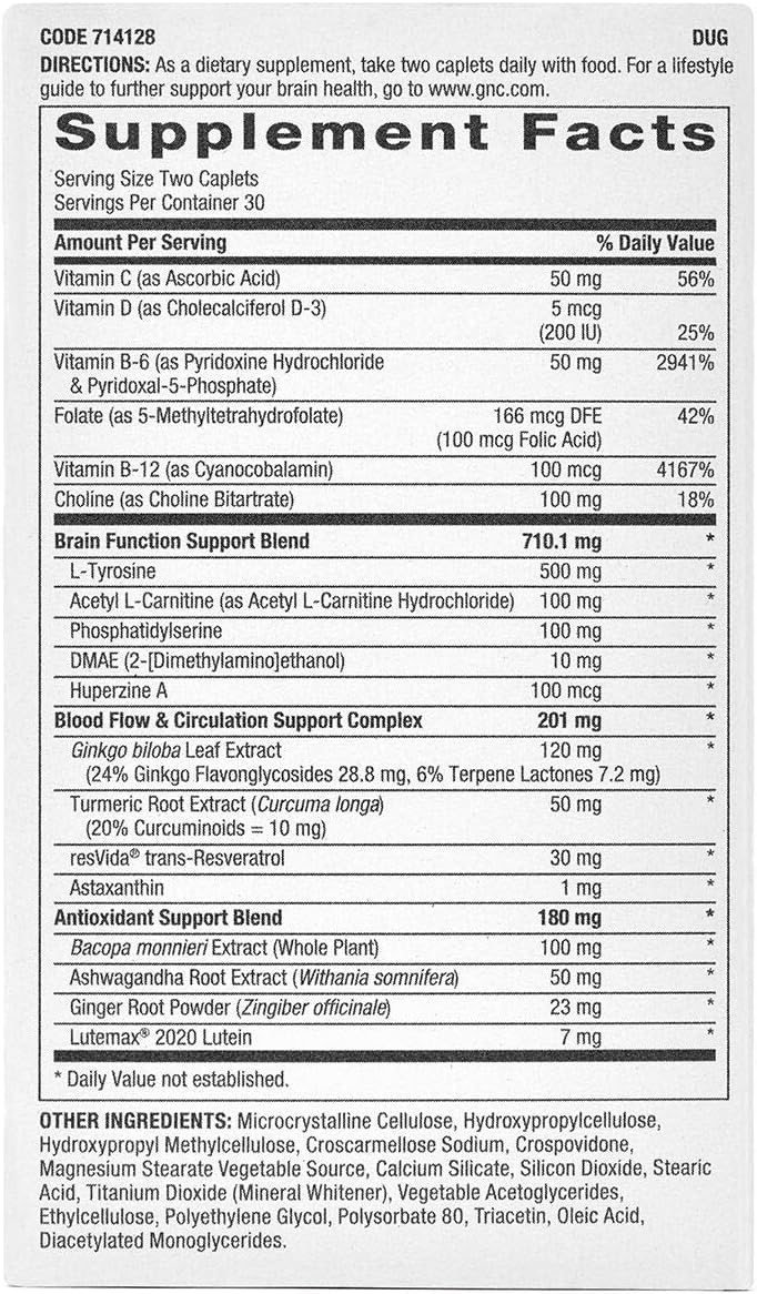 GNC Brain Health Formula Caplets - Supports Memory and Circulation - 60 Count