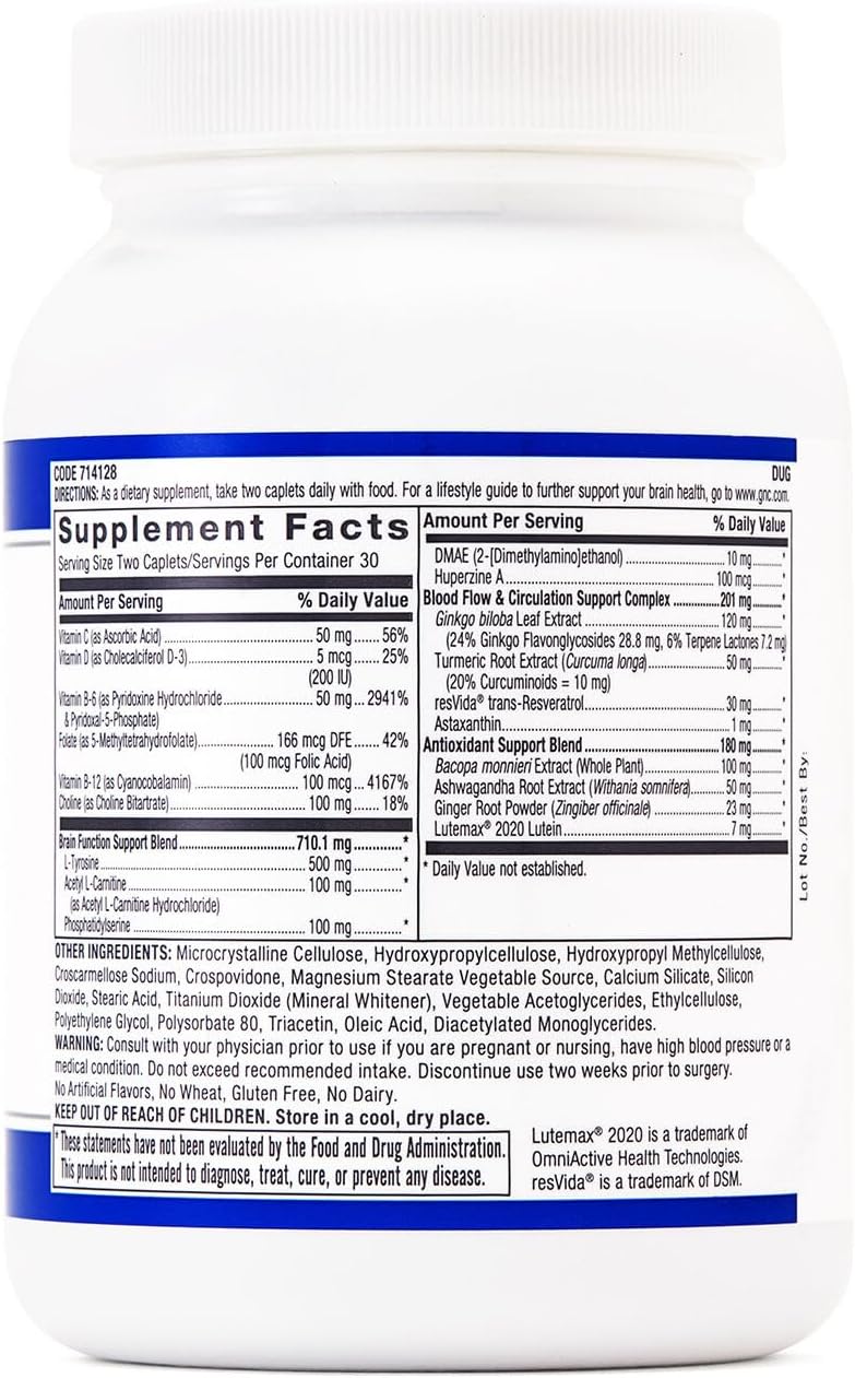 GNC Brain Health Formula Caplets - Supports Memory and Circulation - 60 Count