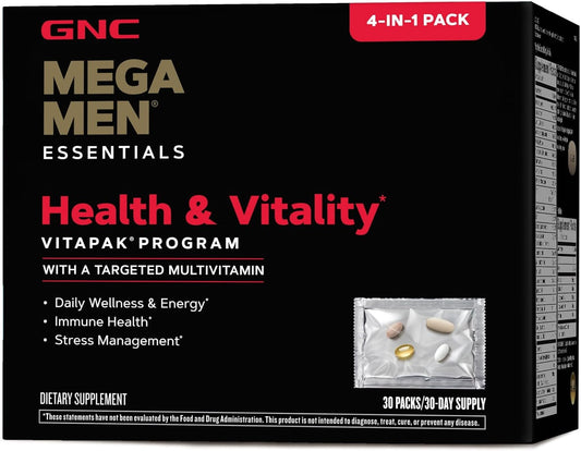 GNC Mega Men Health & Vitality Vitapak: 30 Daily Packs, Complete 4-in-1 Men's Multivitamin Program