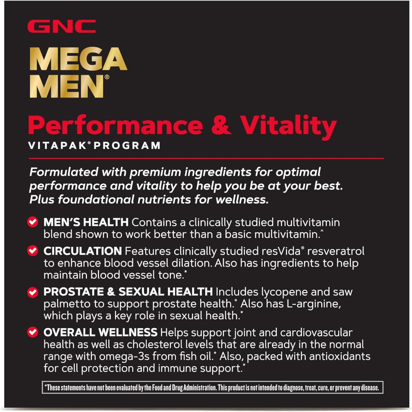 GNC Mega Men Performance & Vitality Vitapak 30 Count for Enhanced Health and Wellness