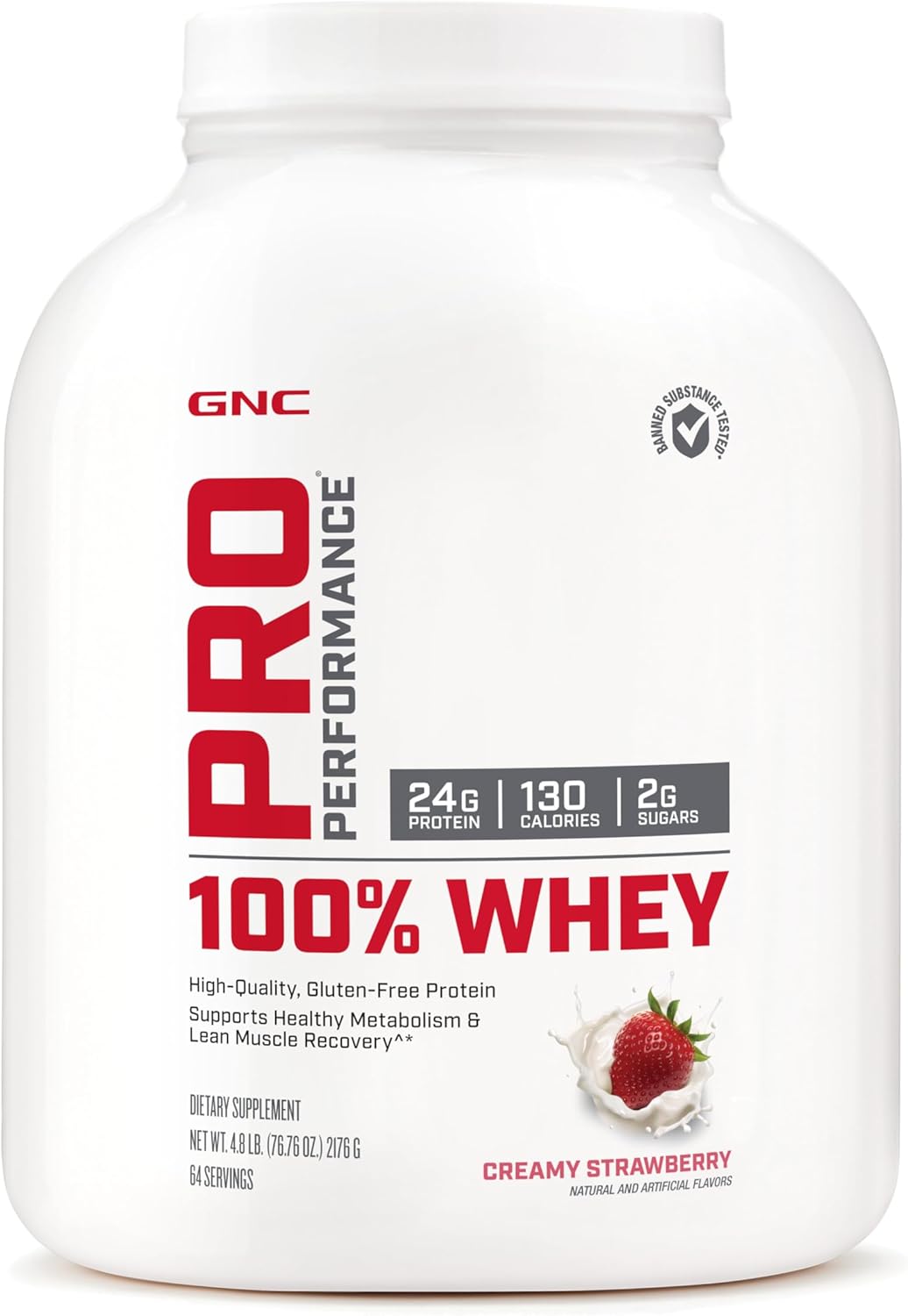GNC Pro Performance 100% Whey Protein Powder - Creamy Strawberry Flavor | Supports Lean Muscle Recovery and Metabolism | 64 Servings