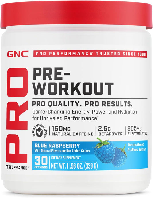 GNC Pro Performance Pre-Workout Supplement in Blue Raspberry Flavor - 30 Servings