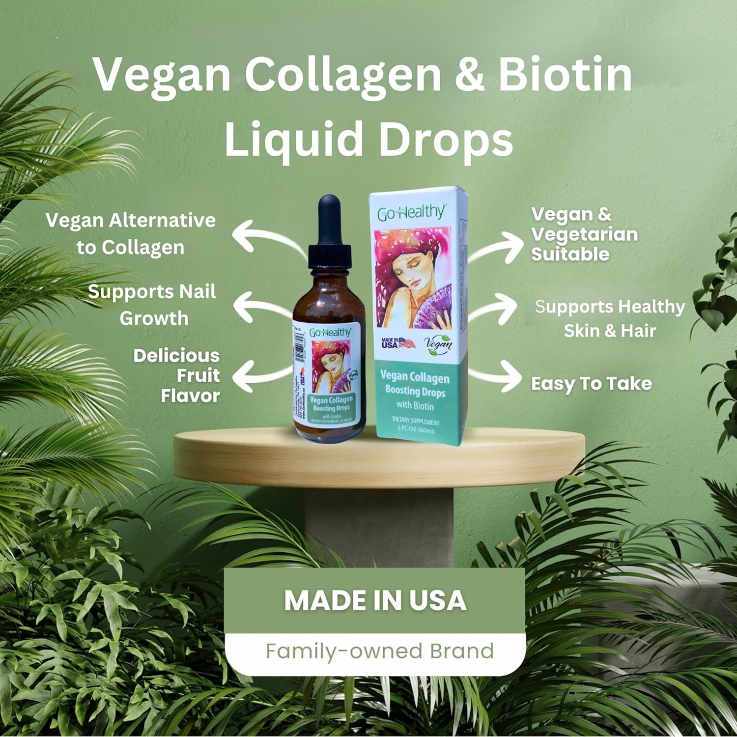 Go Healthy Natural Vegan Collagen & Biotin Liquid Drops - Hair, Nail, & Skin Support - Metabolism Boost - Non-GMO, Sugar Free - 60-Day Supply for Women & Men