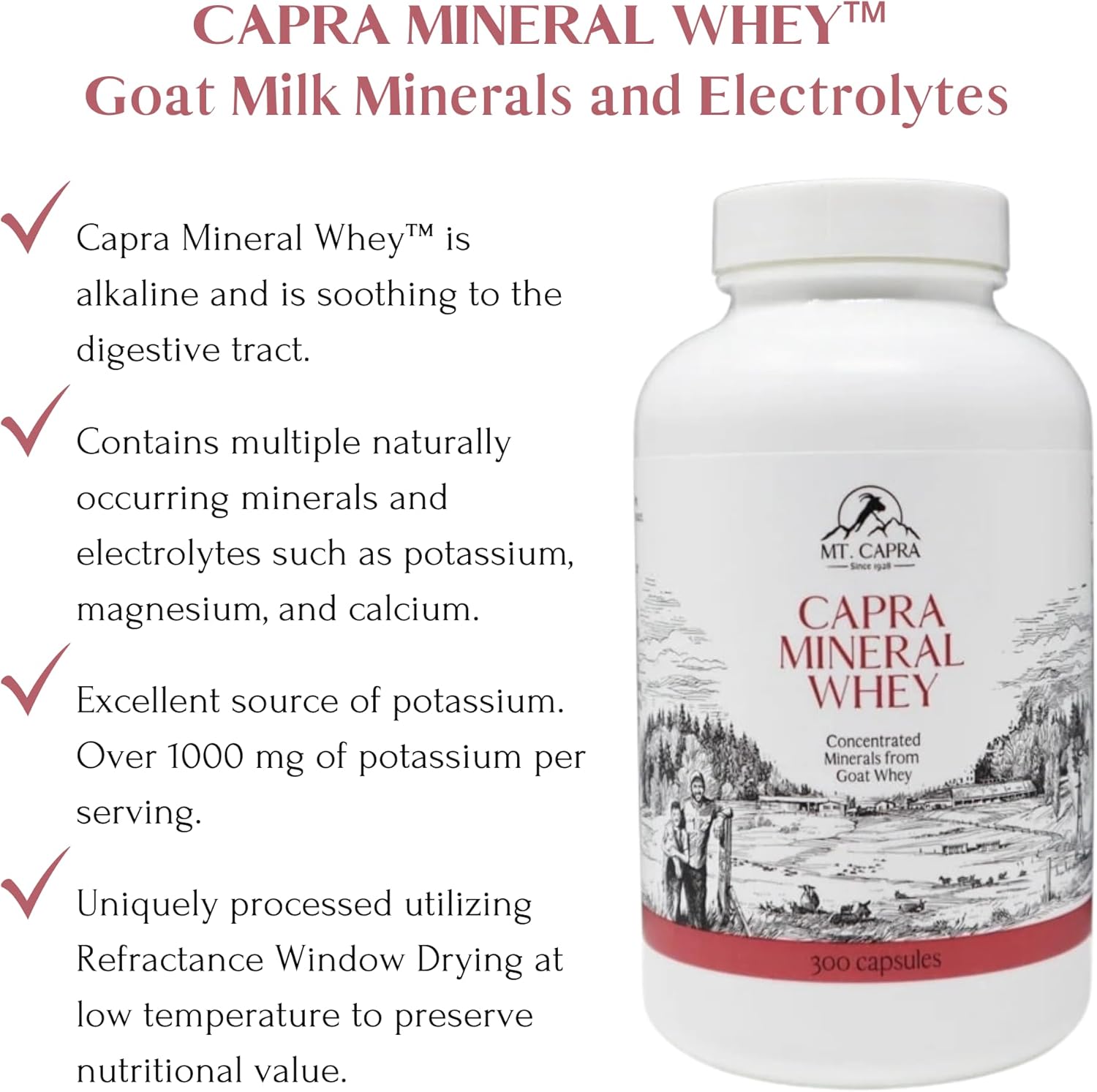 Goat Milk Whey Mineral/Electrolyte Supplement | Potassium-Rich, Alkalizing Whole Food Source | 60 Servings, 300 Capsules