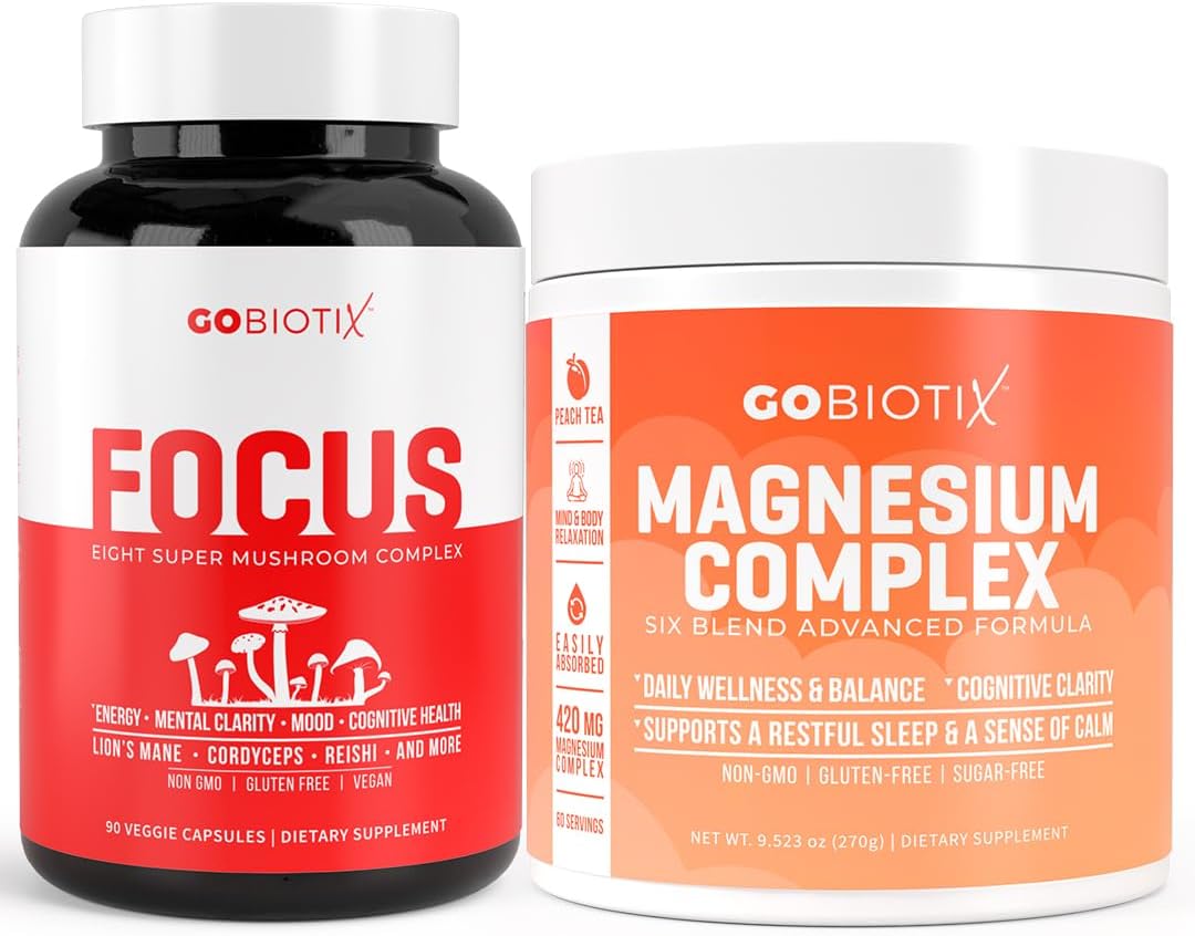 GoBiotix Magnesium Peach Tea and Focus Mushroom Bundle for Daily Wellness