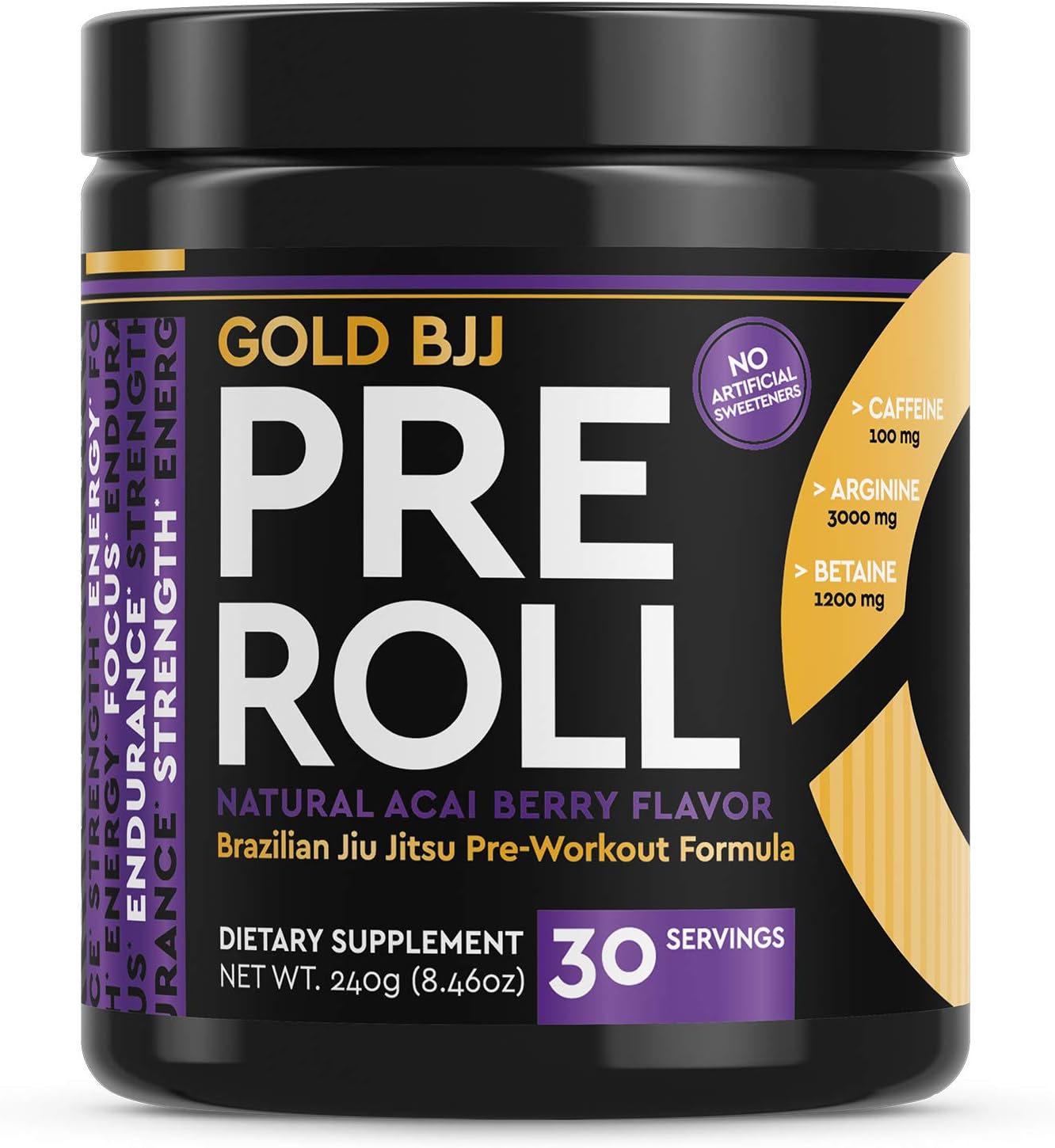 Gold BJJ PreRoll: Jiu Jitsu Pre-Workout Supplement for Energy, Focus, and Endurance - Natural Acai Berry Flavor, 30 Servings
