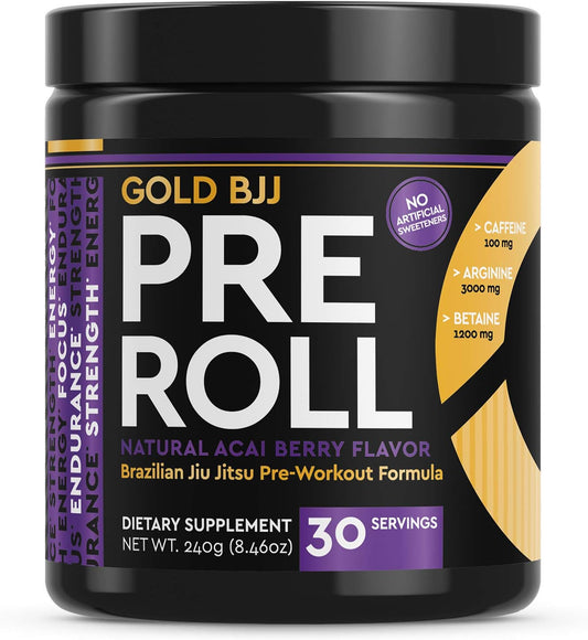 Gold BJJ PreRoll: Jiu Jitsu Pre-Workout Supplement for Energy, Focus, and Endurance - Natural Acai Berry Flavor, 30 Servings