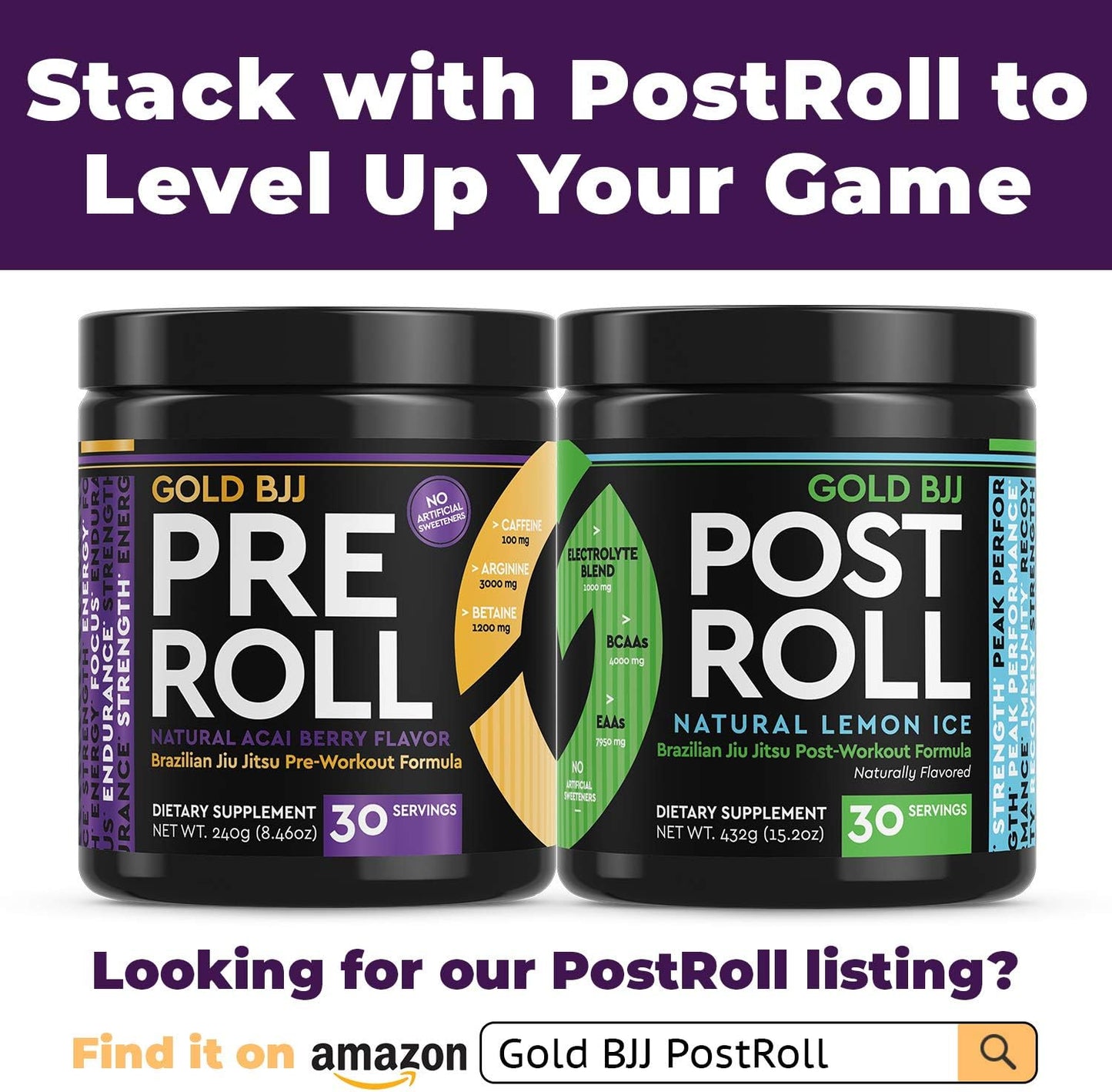 Gold BJJ PreRoll: Jiu Jitsu Pre-Workout Supplement for Energy, Focus, and Endurance - Natural Acai Berry Flavor, 30 Servings