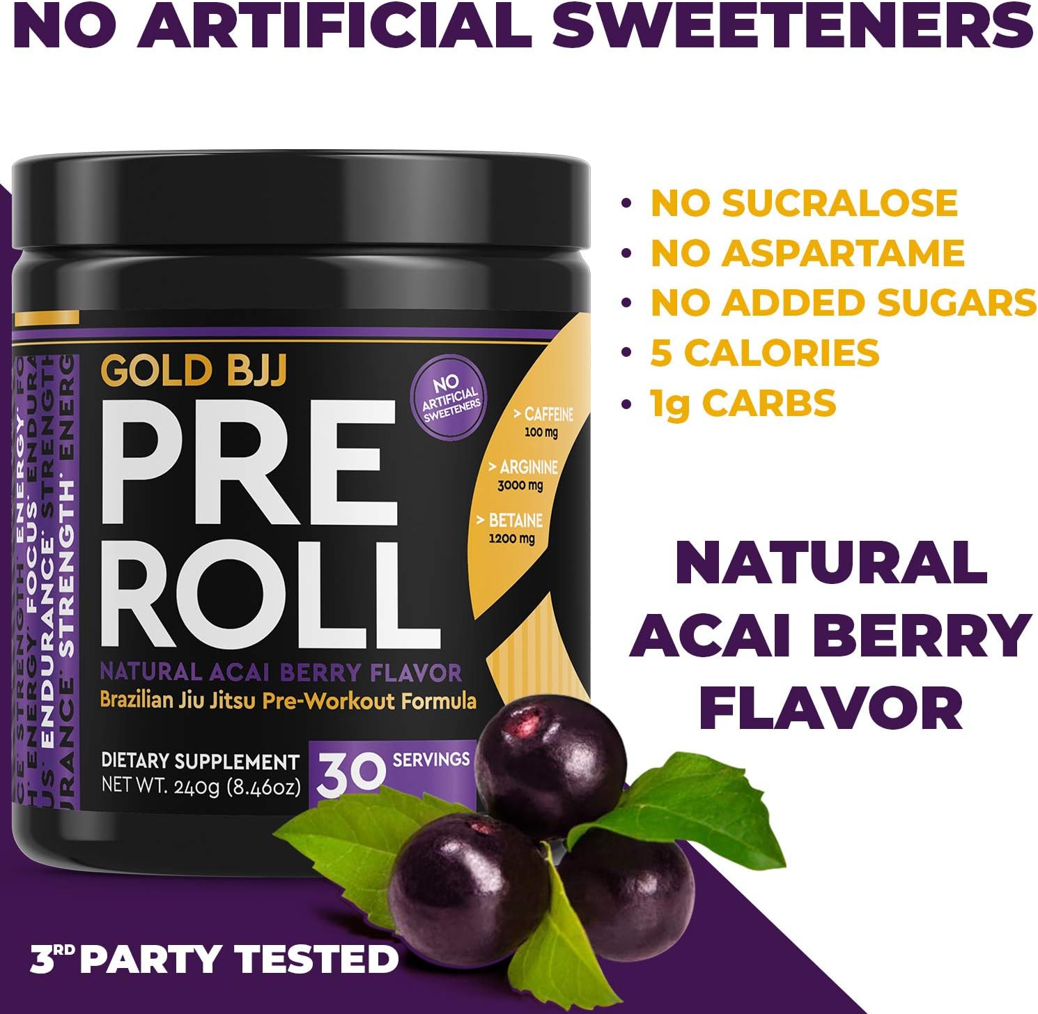 Gold BJJ PreRoll: Jiu Jitsu Pre-Workout Supplement for Energy, Focus, and Endurance - Natural Acai Berry Flavor, 30 Servings