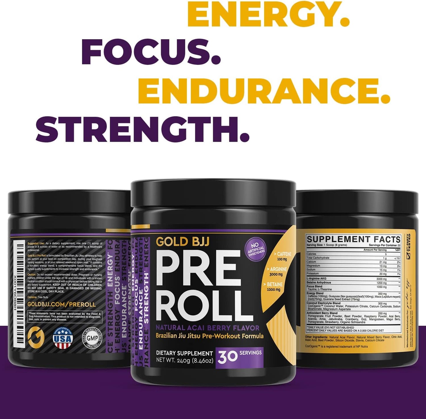 Gold BJJ PreRoll: Jiu Jitsu Pre-Workout Supplement for Energy, Focus, and Endurance - Natural Acai Berry Flavor, 30 Servings