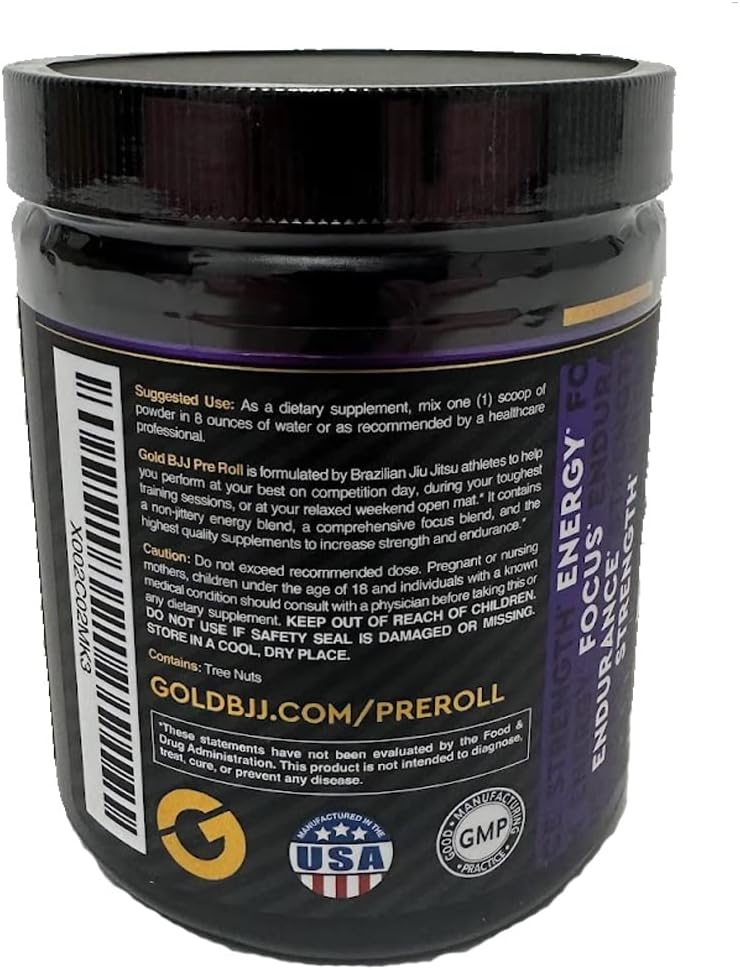 Gold BJJ PreRoll: Jiu Jitsu Pre-Workout Supplement for Energy, Focus, and Endurance - Natural Acai Berry Flavor, 30 Servings