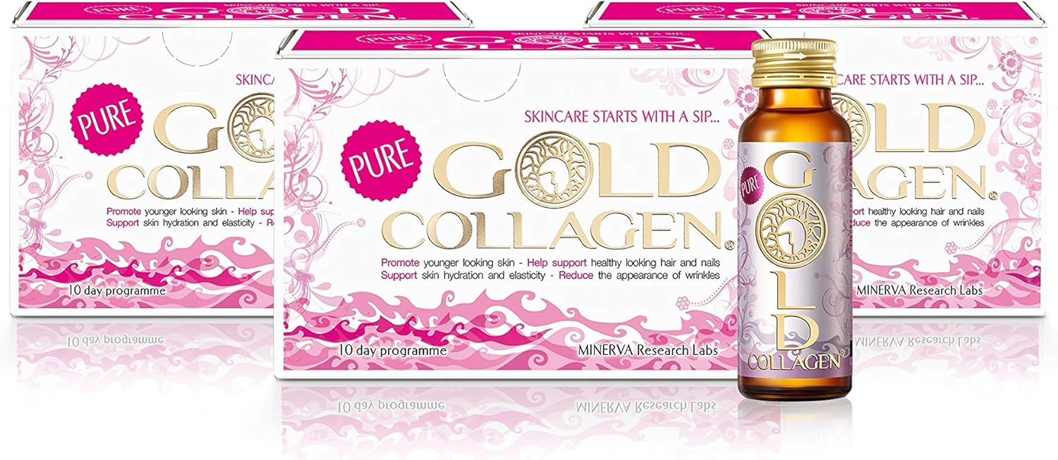 Gold Collagen Pure: Collagen Supplements for Hair Growth, Skin, and Nails - Immune System Booster with Biotin, Hyaluronic Acid, Vitamin C, B6, and Zinc - 3 Pack 10x50 ml for Men and Women
