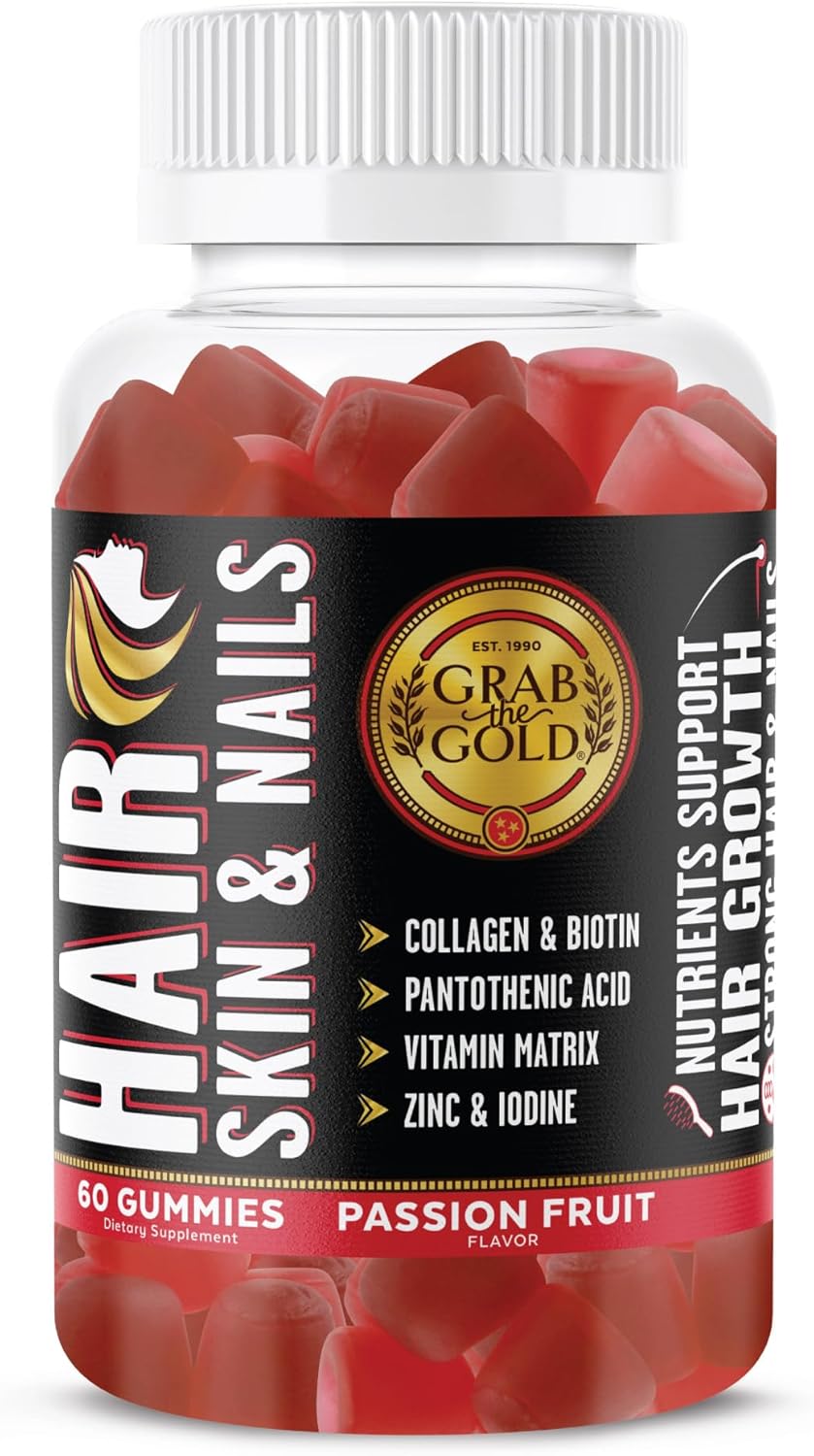 Gold Hair Skin & Nails Gummies: Biotin, Collagen, 10 Vitamins & Minerals, Passion Fruit, 1 Month Supply