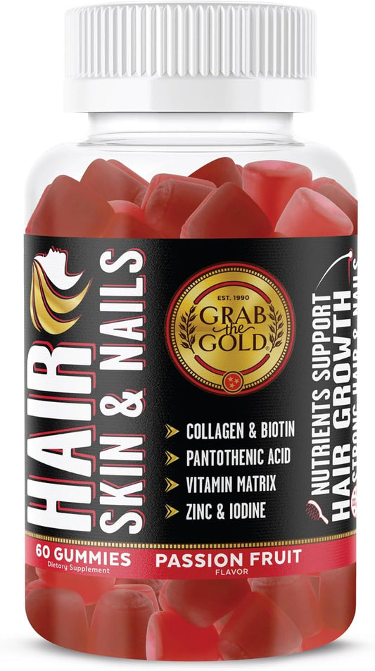 Gold Hair Skin & Nails Gummies: Biotin, Collagen, 10 Vitamins & Minerals, Passion Fruit, 1 Month Supply