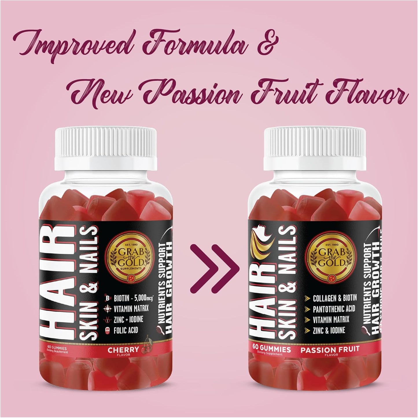 Gold Hair Skin & Nails Gummies: Biotin, Collagen, 10 Vitamins & Minerals, Passion Fruit, 1 Month Supply