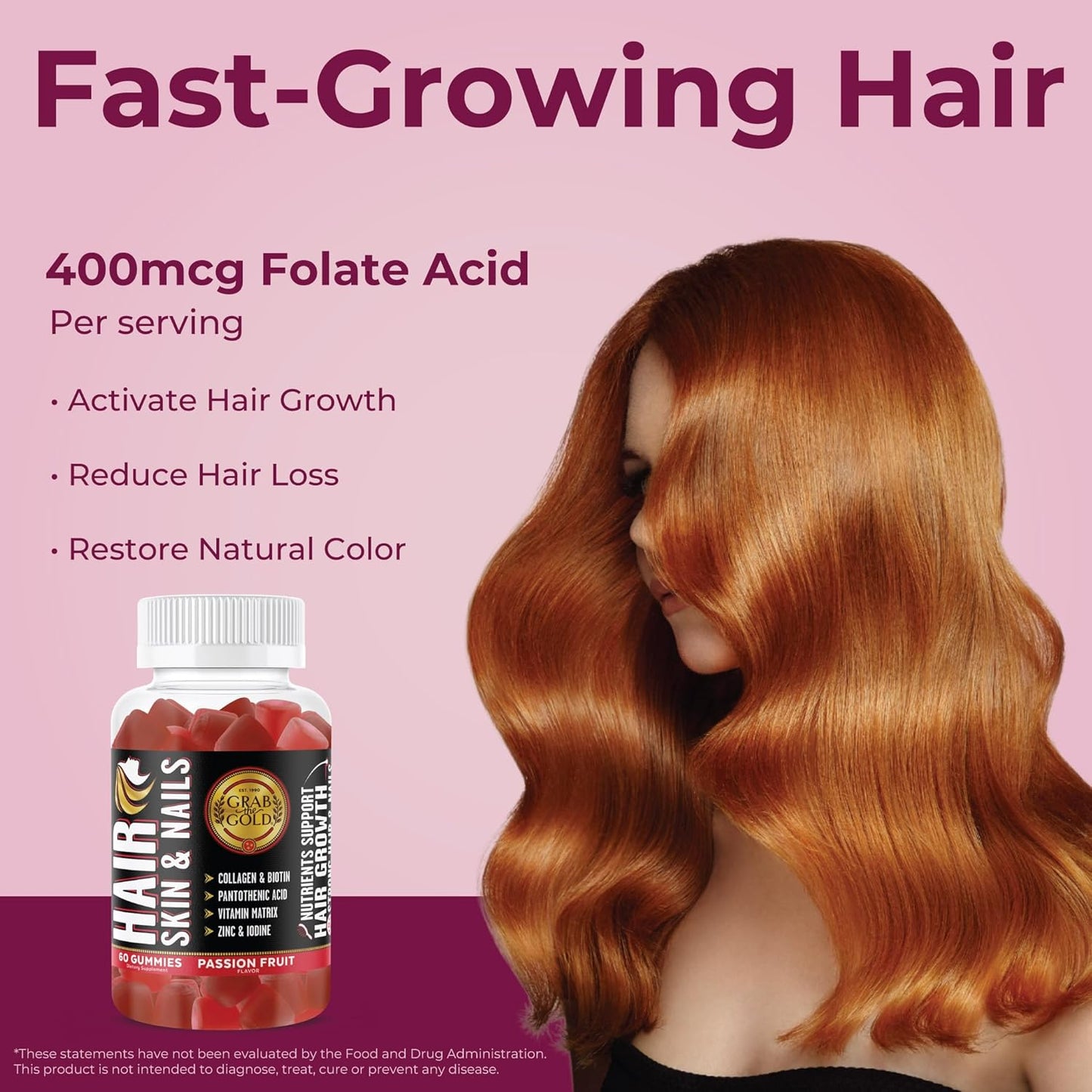 Gold Hair Skin & Nails Gummies: Biotin, Collagen, 10 Vitamins & Minerals, Passion Fruit, 1 Month Supply