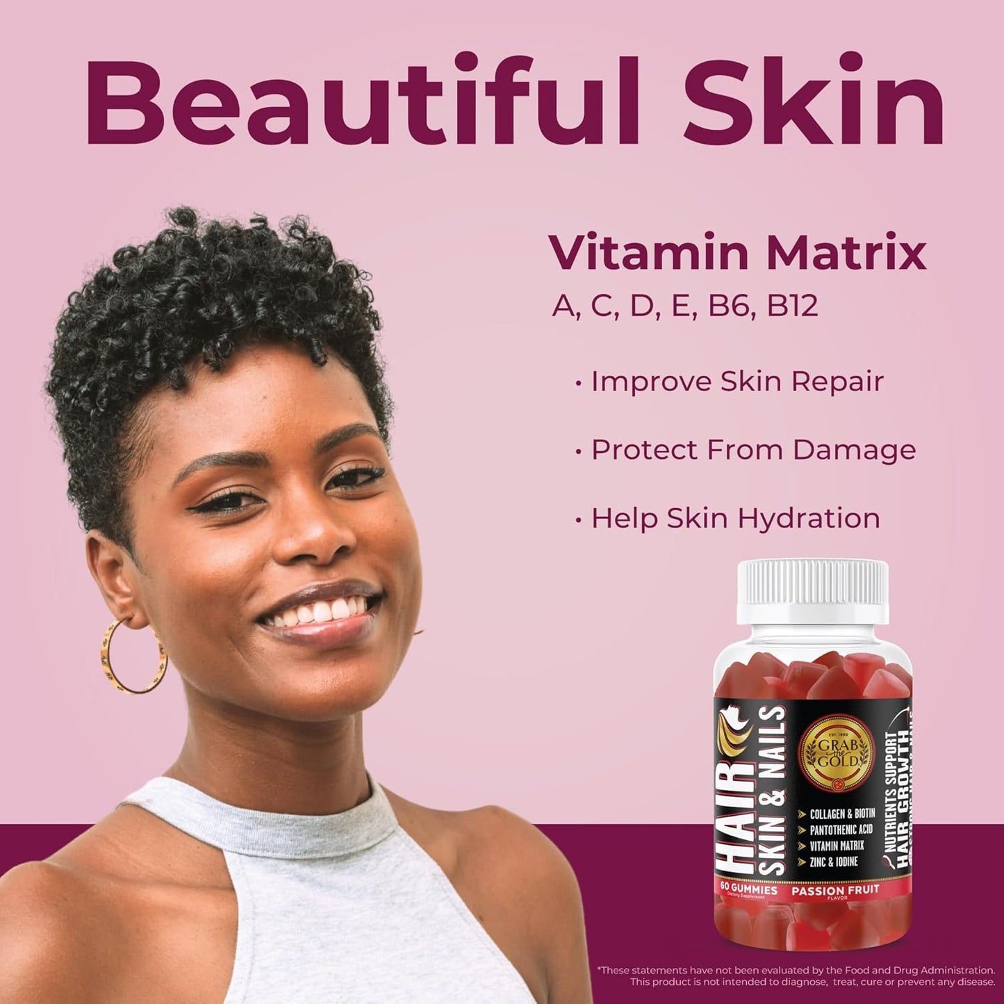 Gold Hair Skin & Nails Gummies: Biotin, Collagen, 10 Vitamins & Minerals, Passion Fruit, 1 Month Supply