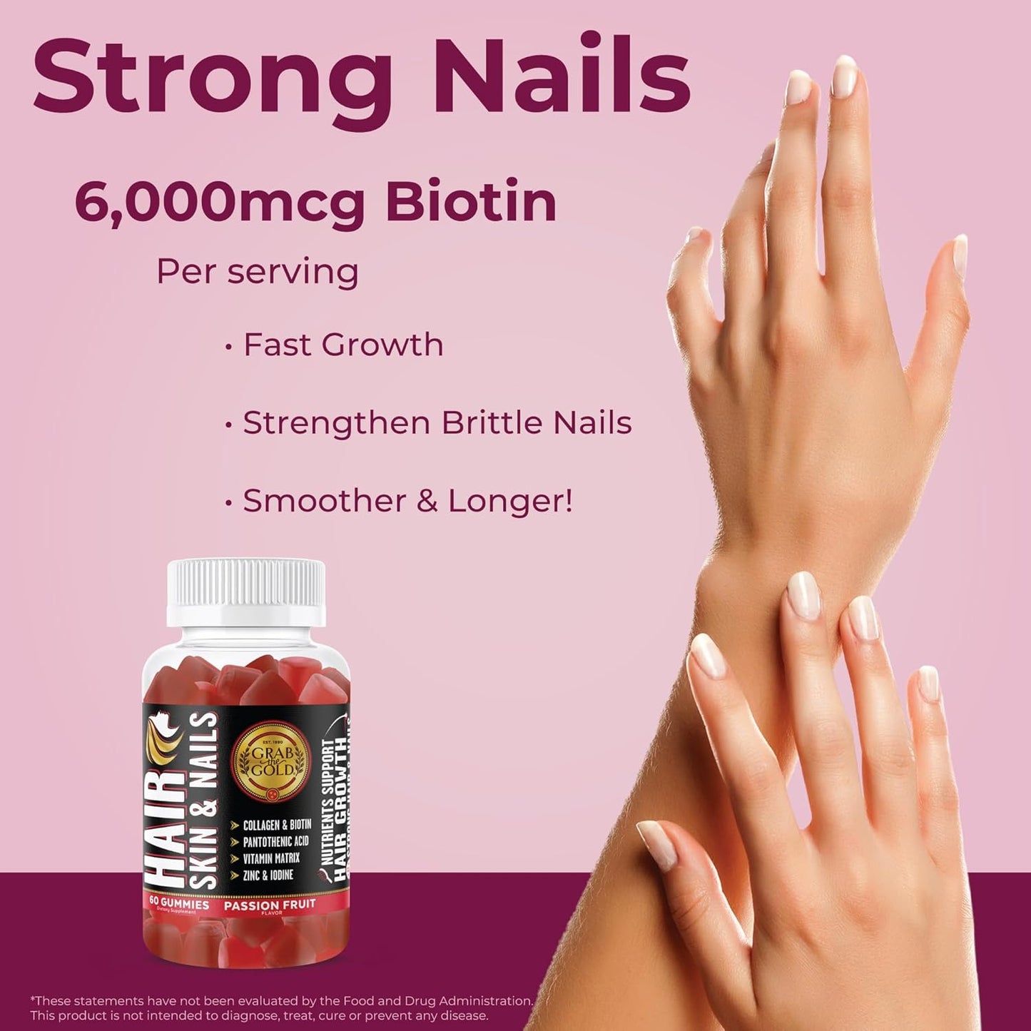 Gold Hair Skin & Nails Gummies: Biotin, Collagen, 10 Vitamins & Minerals, Passion Fruit, 1 Month Supply