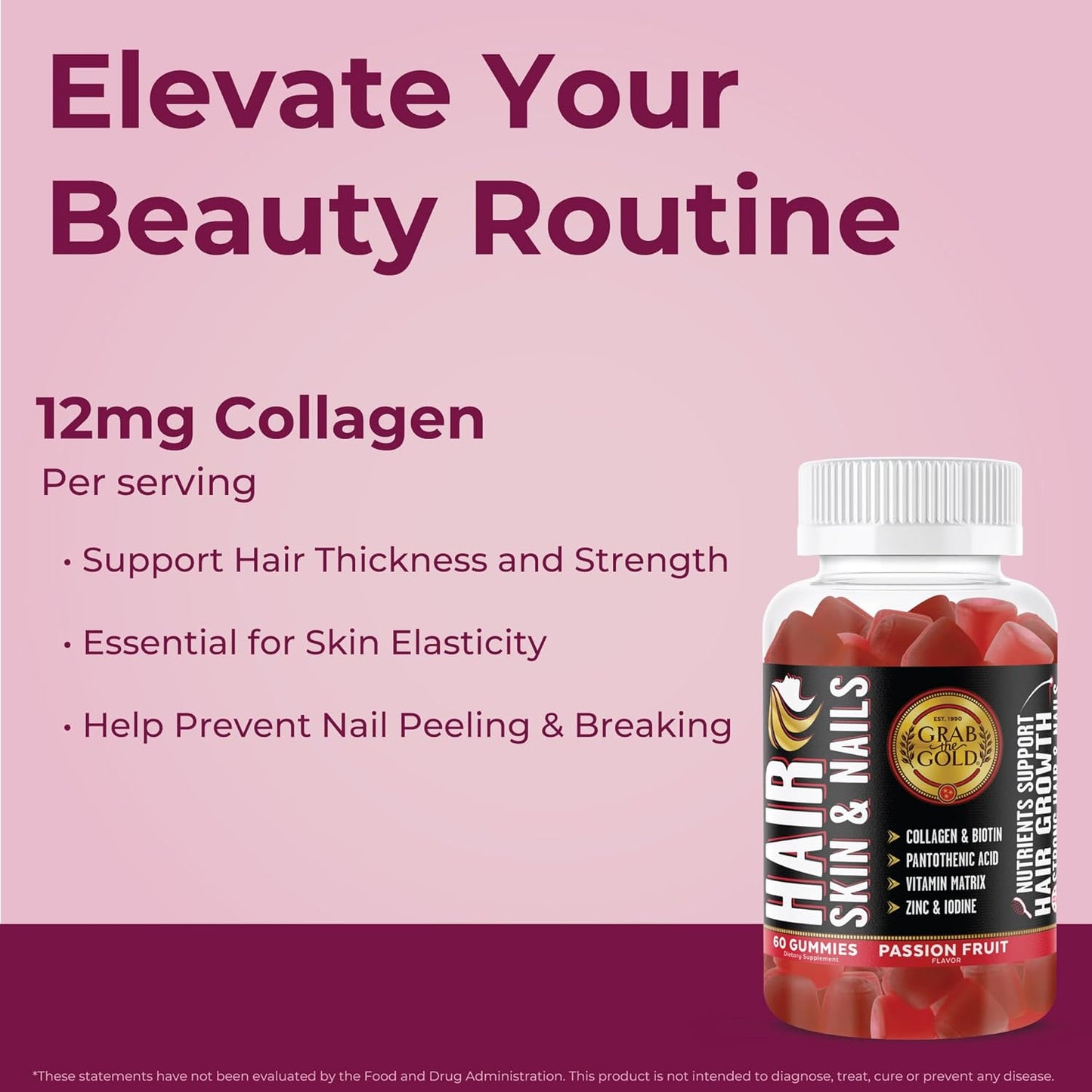 Gold Hair Skin & Nails Gummies: Biotin, Collagen, 10 Vitamins & Minerals, Passion Fruit, 1 Month Supply