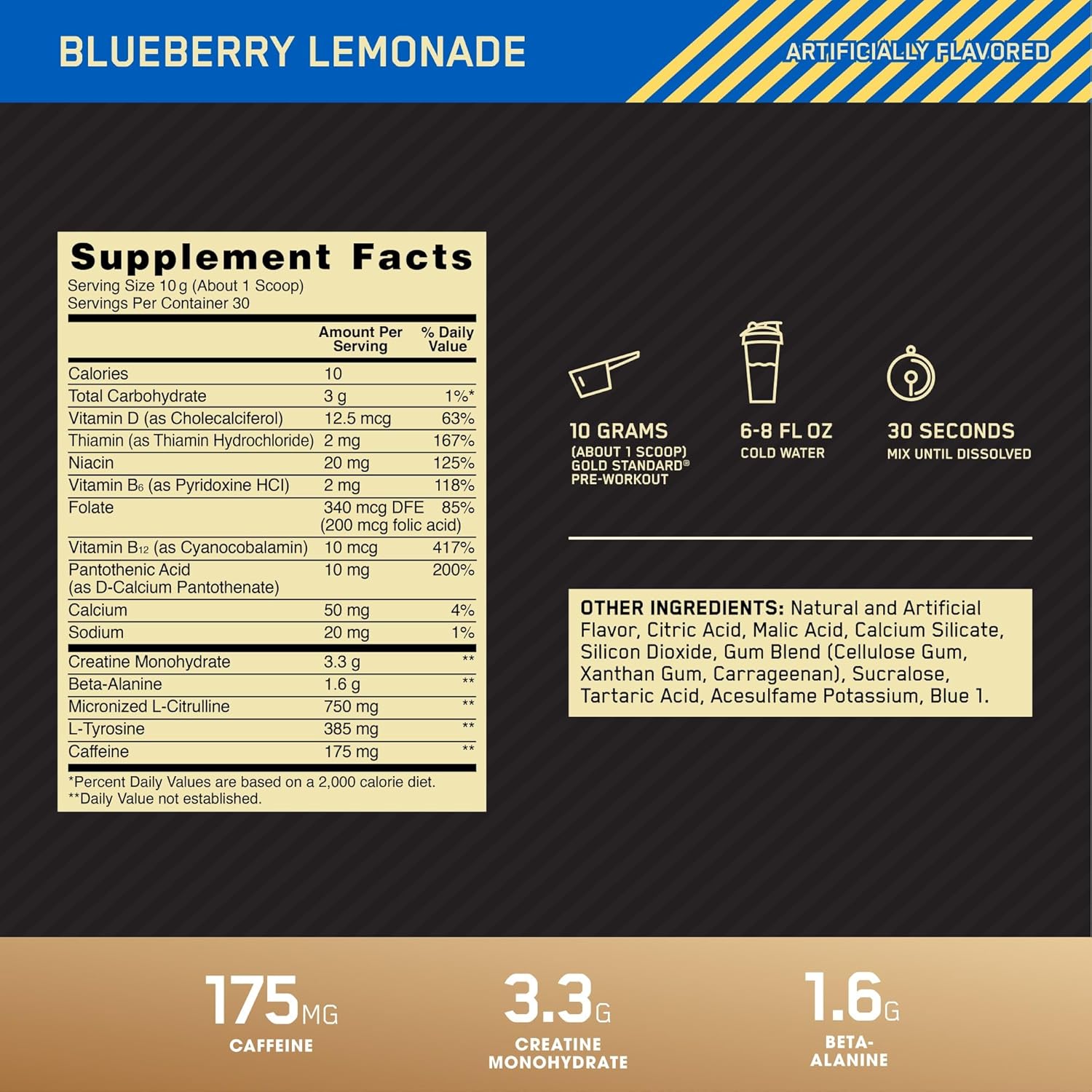 Gold Standard Pre-Workout with Vitamin D, Creatine, Beta-Alanine, and Caffeine for Energy - Blueberry Lemonade, 30 Servings