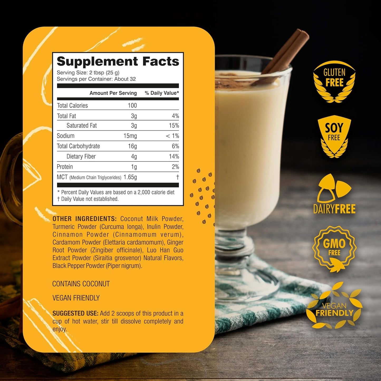 Golden Milk Powder with Turmeric, Ginger, Cinnamon, Cardamom, and Coconut Milk - Promotes Healthy Digestion - Gluten-Free - 100% Natural - 28.2 oz