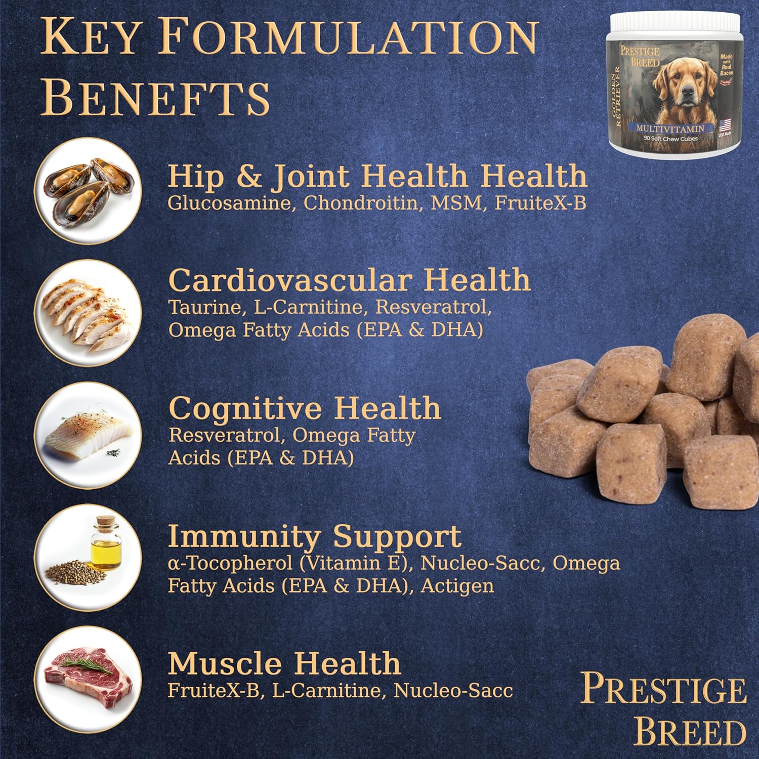Golden Retriever Multivitamins, 90 Count, USA-Made with Real Bacon for Balanced Nutrition and Prestige Breed Support